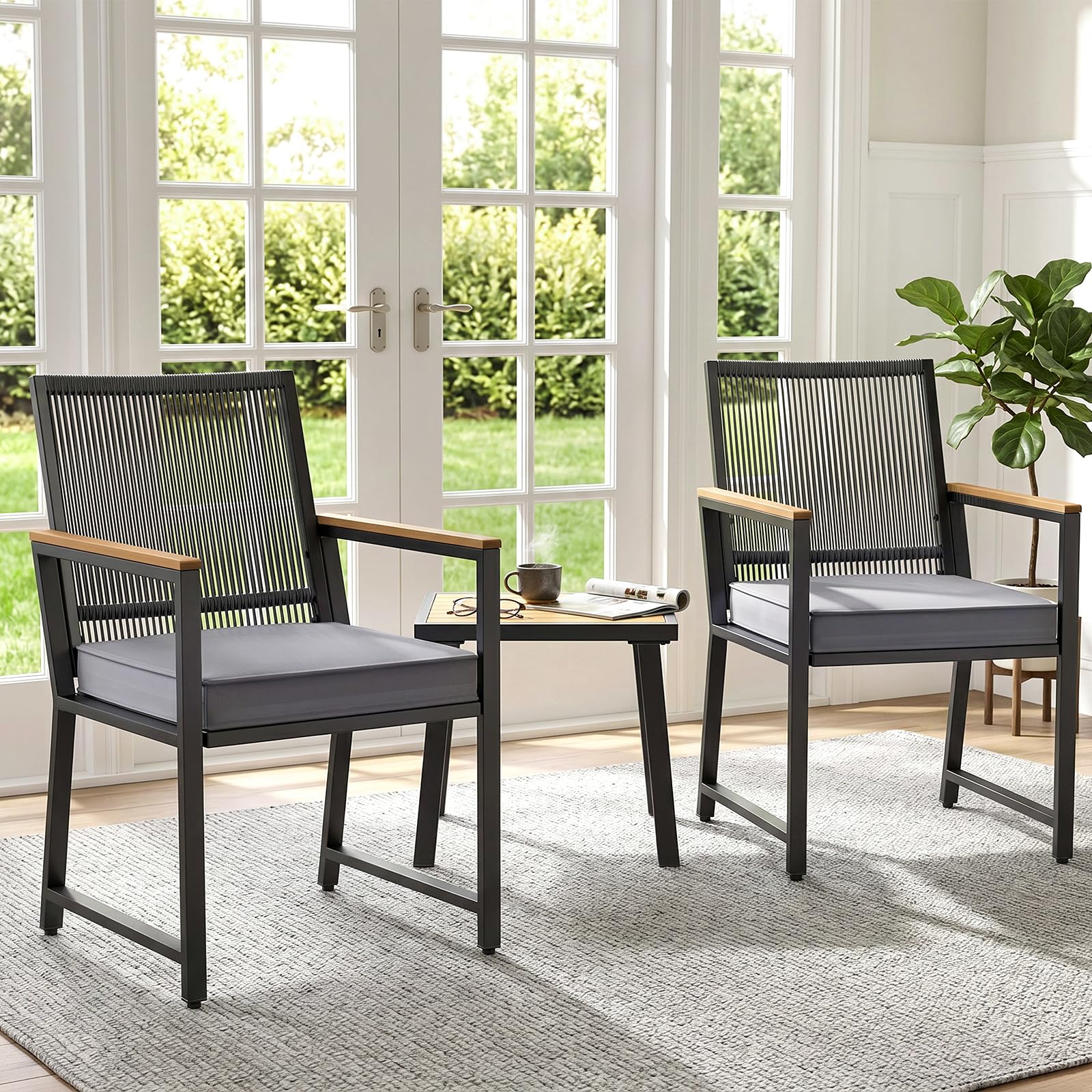 LIFERUN 3 teilig Gartenmöbel-Set aus Rattan, Gartenmöbelgruppe, 2 Gartenstuhl Rattan mit Tisch, Bis 160 kg, witterungsbeständig, WPC Armrest, Terrassenmöbelset, für Terrasse, Garten, Veranda, Grau
