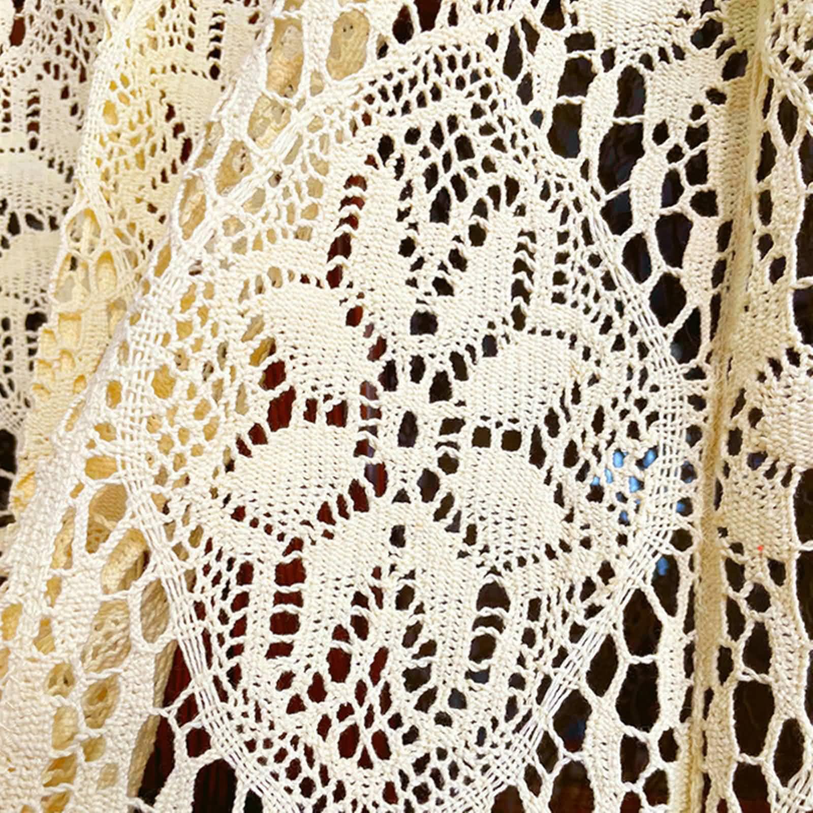 Gardine Blickdicht Lichtdurchlässig, 1 Stück Stangentasche Scheibengardine Küchengardinen Bistrogardine Halb Transparent Häkelblumenmuster mit Quaste aus Polyester BaumwolleBeige, 180x90x50cm
