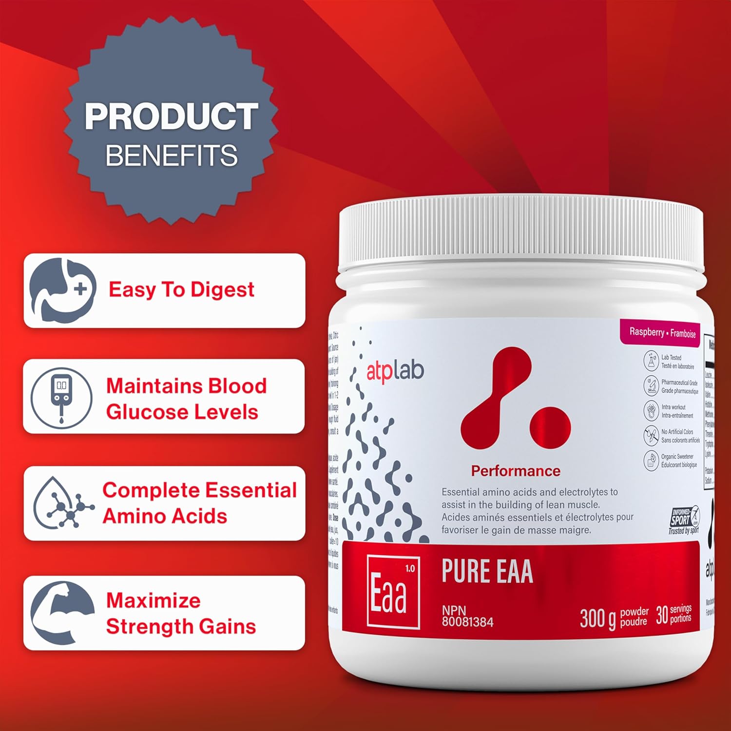 ATP LAB Pure EAA Powder, 300g - Raspberry Flavor - Complete 11 EAAs Blend - L-Lysine & L-Methionine Supplement - Essential Amino Acids with Electrolytes for Active Living and Post-Exercise Support