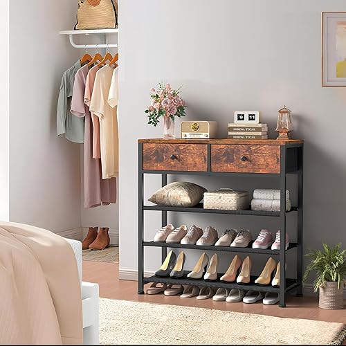 Miniatura 4 de usikey Zapatero, organizador de almacenamiento de zapatos de 4 niveles con 2 cajones, estante de zapatos de metal para 9-12 pares de zapatos, con 3