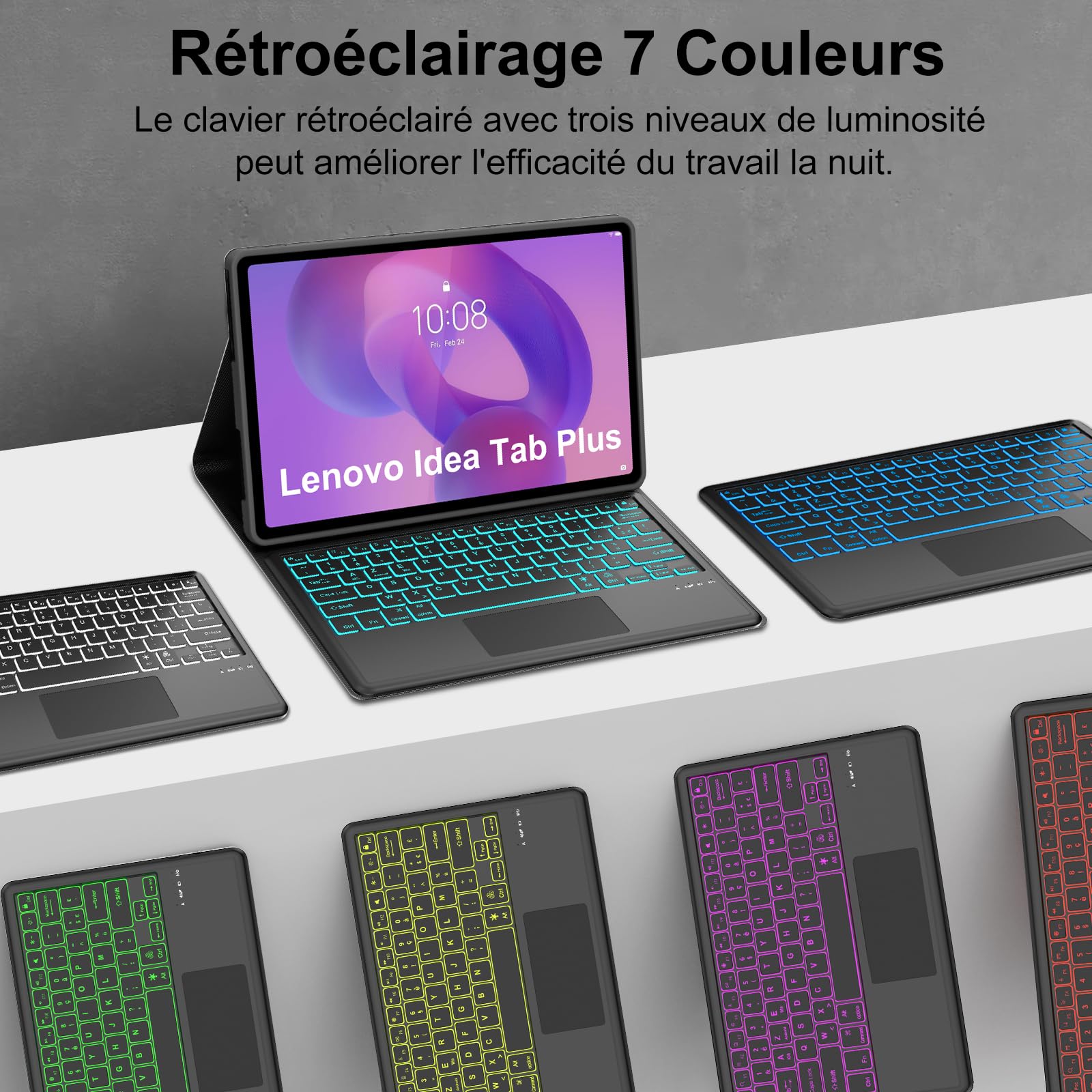 Coque Clavier pour Lenovo Idea Tab Plus 12.1 Pouces avec Pavé Tactile, AZERTY Français Housse Clavier Bluetooth Détachable 7 Couleurs Rétroéclairées pour Tablette Lenovo Idea Tab Plus 12.1" 2025, Noir