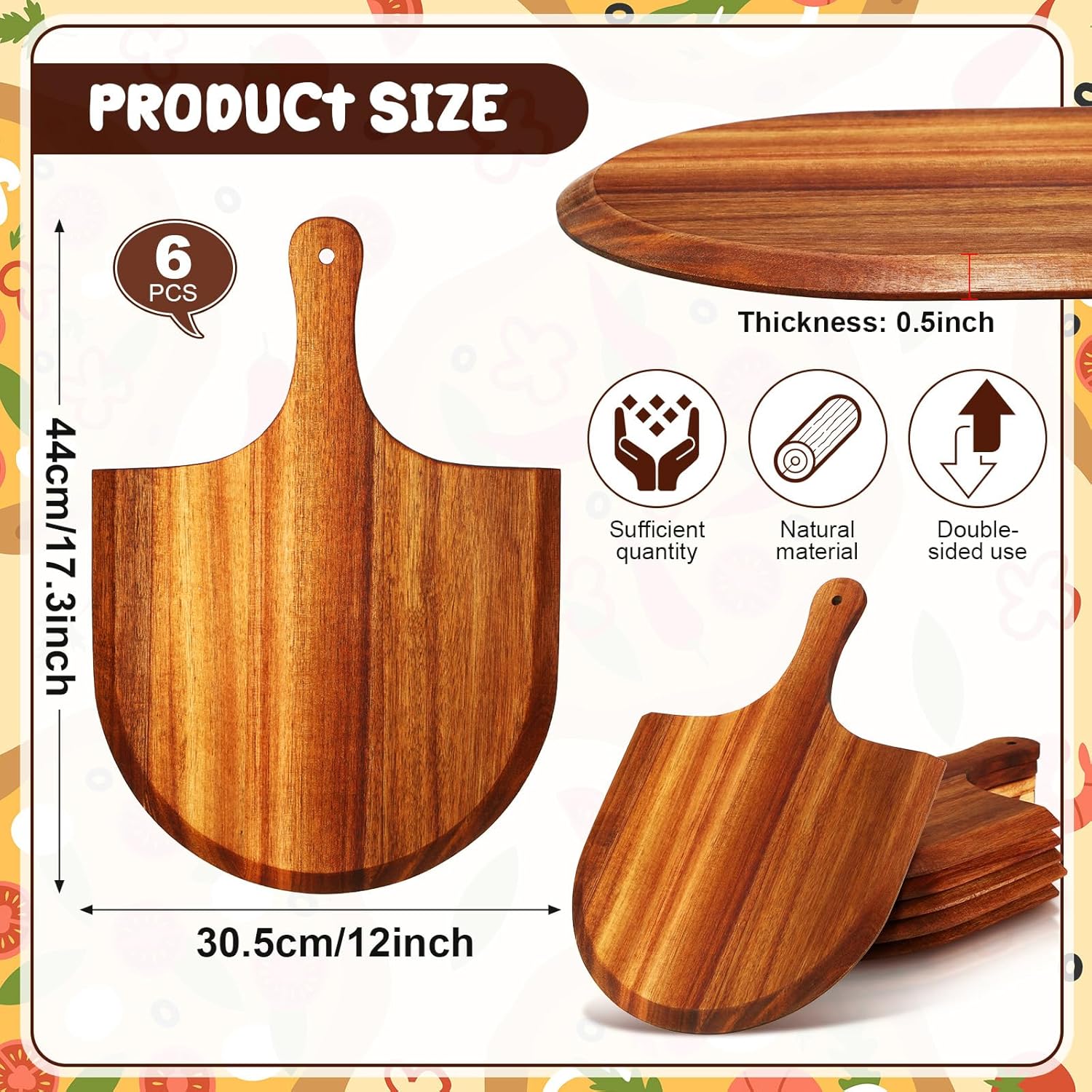 Dandat Acacia Wood Pizza Peel with Handles 12 Inch Wooden Spatula Paddle Round Pizza Cutting Board Cheese Serving Tray for Meat Bread Charcuterie Deli