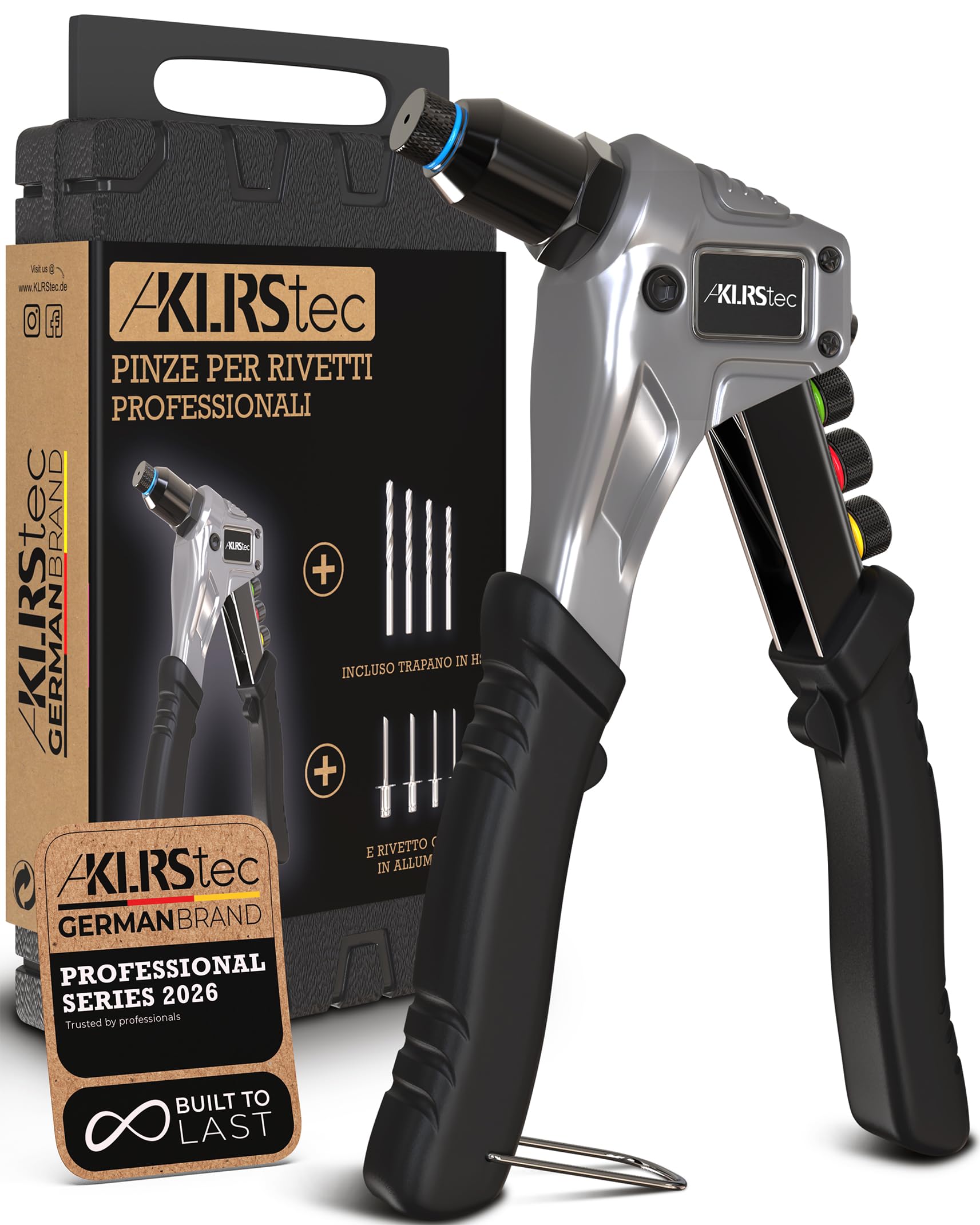 KLRStec® Pinze professionali per rivetti inclusi 120 rivetti e 4 perforatori HSS - Tenaglia per rivetti a strappo di alta qualità per lavorare con i rivetti ciechi