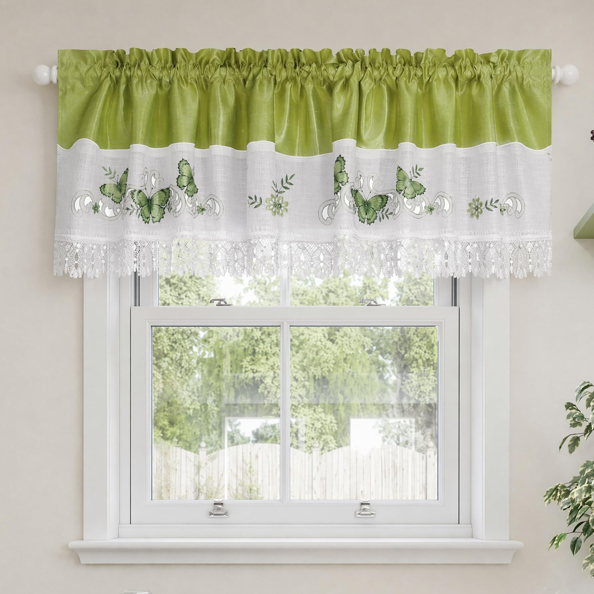 Molaxhome Beautiful Dazzling Embroidered Window Valance,Rod Pocket Valance and Tiers for Home Decor (Green, W52x18L)