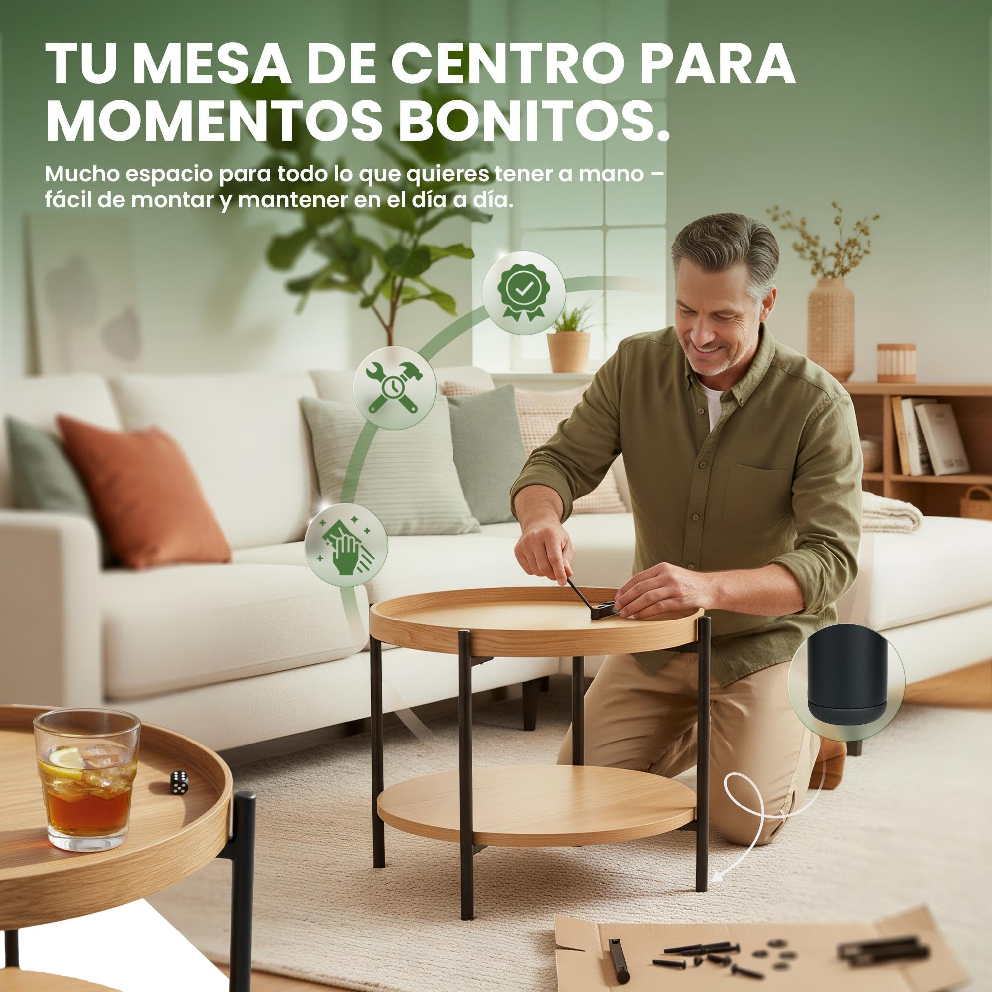 CLP Mesa de Centro Redonda de Madera Corbitan, mesita de salón de 2 Niveles con Almacenamiento, Estructura de Metal Negro pequeña, Color:Natura, Tamaño:Ø 80 cm