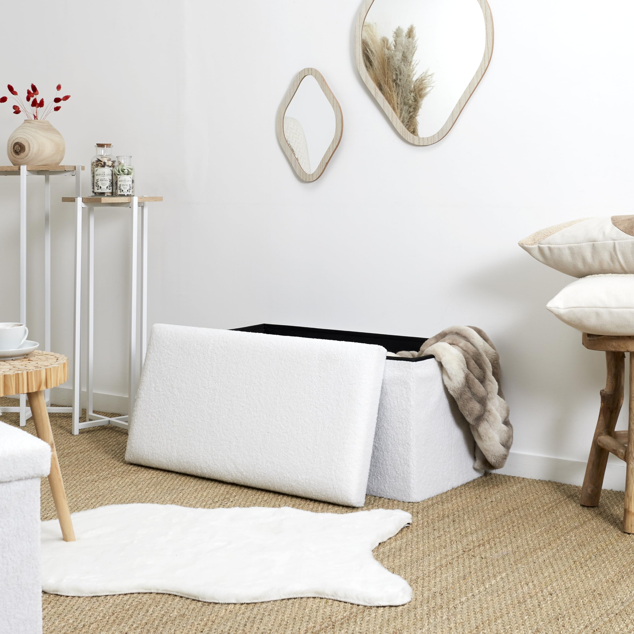 HOME DECO FACTORY Baule Panca Pieghevole in Bouclé Contenitore Bianco