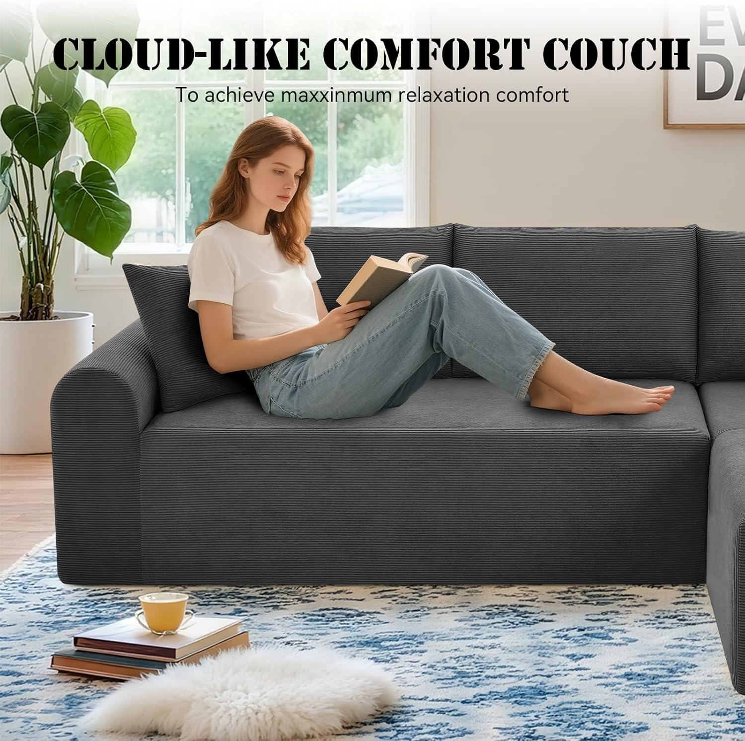Modular Sectional Sofa with Chaise, Cloud Sectional Couch with Deep Seat, Modular L-Shape Sofa Corduroy Boneless Couch for Living Room,Bedroom,No Assembly Required(Deep Gray, Left Facing Chaise)