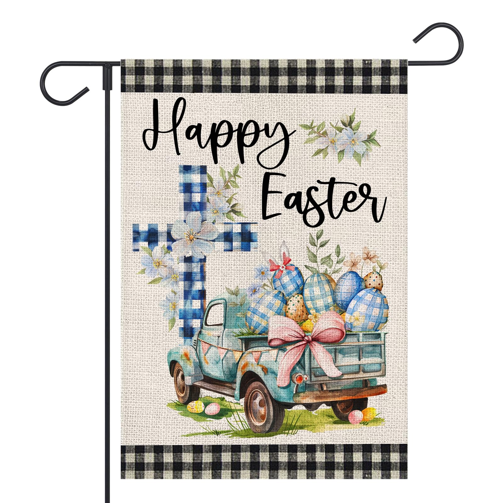 FUYUCHEN Happy Easter Garden Flag 12x18 Inch Double Sided Outside Buffalo Plaid Truck Eggs Cross Flowers Yard Outdoor Decoration