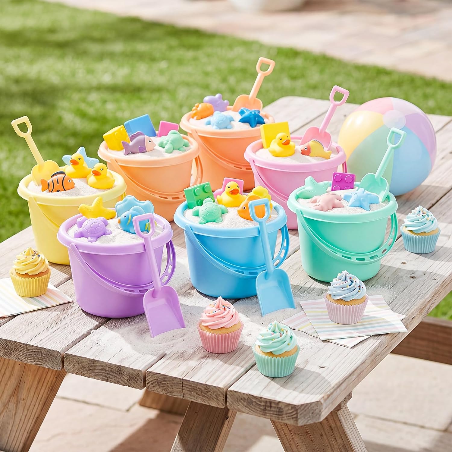 Lunmon 36 Pcs Beach Toys for Kids 12 Set Sand Buckets Shovels Bulk Pastel Beach Balls Inflatable Sand Toys for Girls Boys Toddlers Games Birthday Summer Pool Party Favor (Macaron, Cute)