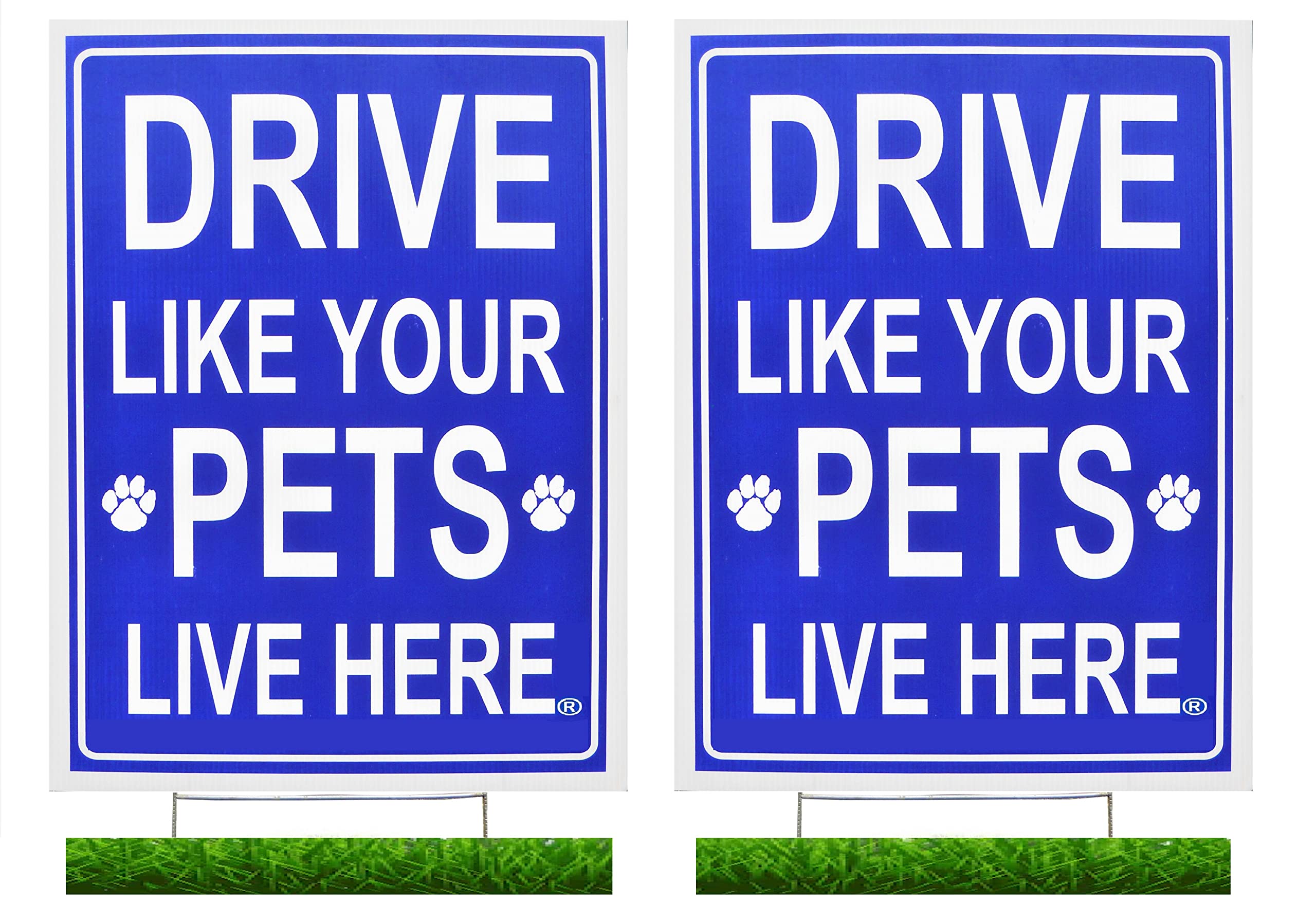 Drive Like Your Pets Live Here Yard Sign (2 Pack) Blue/White, Double Sided with Metal Stand