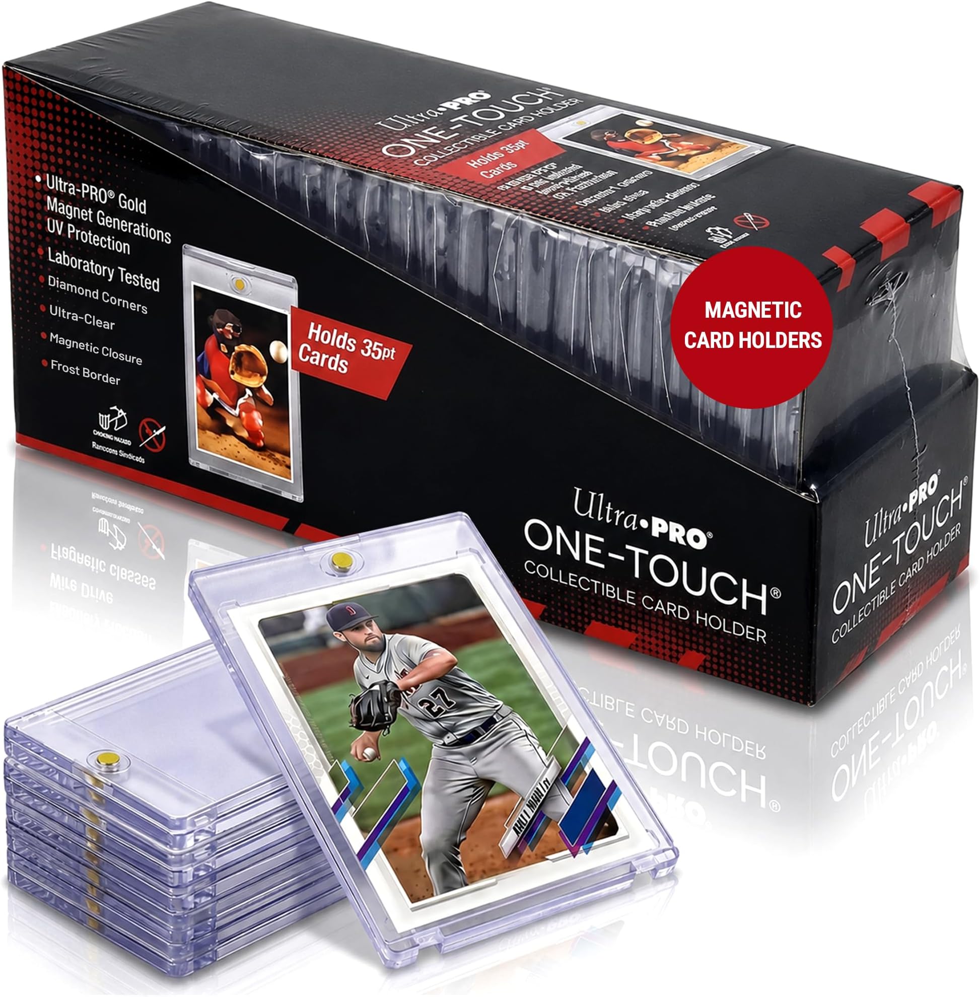 One Touch 35pt Magnetic Card Holder โ Card Protector Case with UV Blocking โ Ultra Clear Display for Standard Size Cards โ Frosted Border, Diamond Corners & Magnetic Closure โ 25-Pack Box