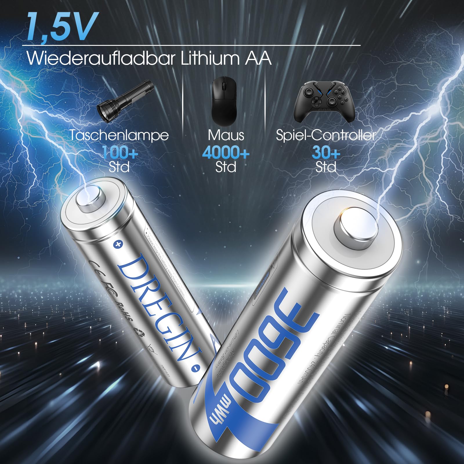 Lot de 12 piles au lithium AA rechargeables avec chargeur, 1,5 V 3600 mWh, haute capacité, 2000 cycles, longue durée de vie, avec boîte de rangement de charge, argentées