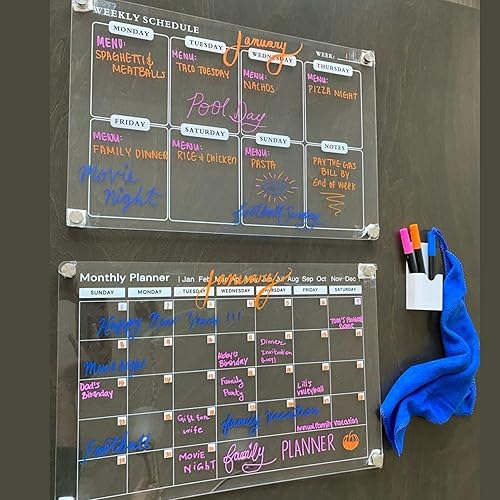 Calendario magnético acrílico para refrigerador, 2 unidades, calendario grande de 17 x 12 pulgadas, calendario transparente de borrado en seco,