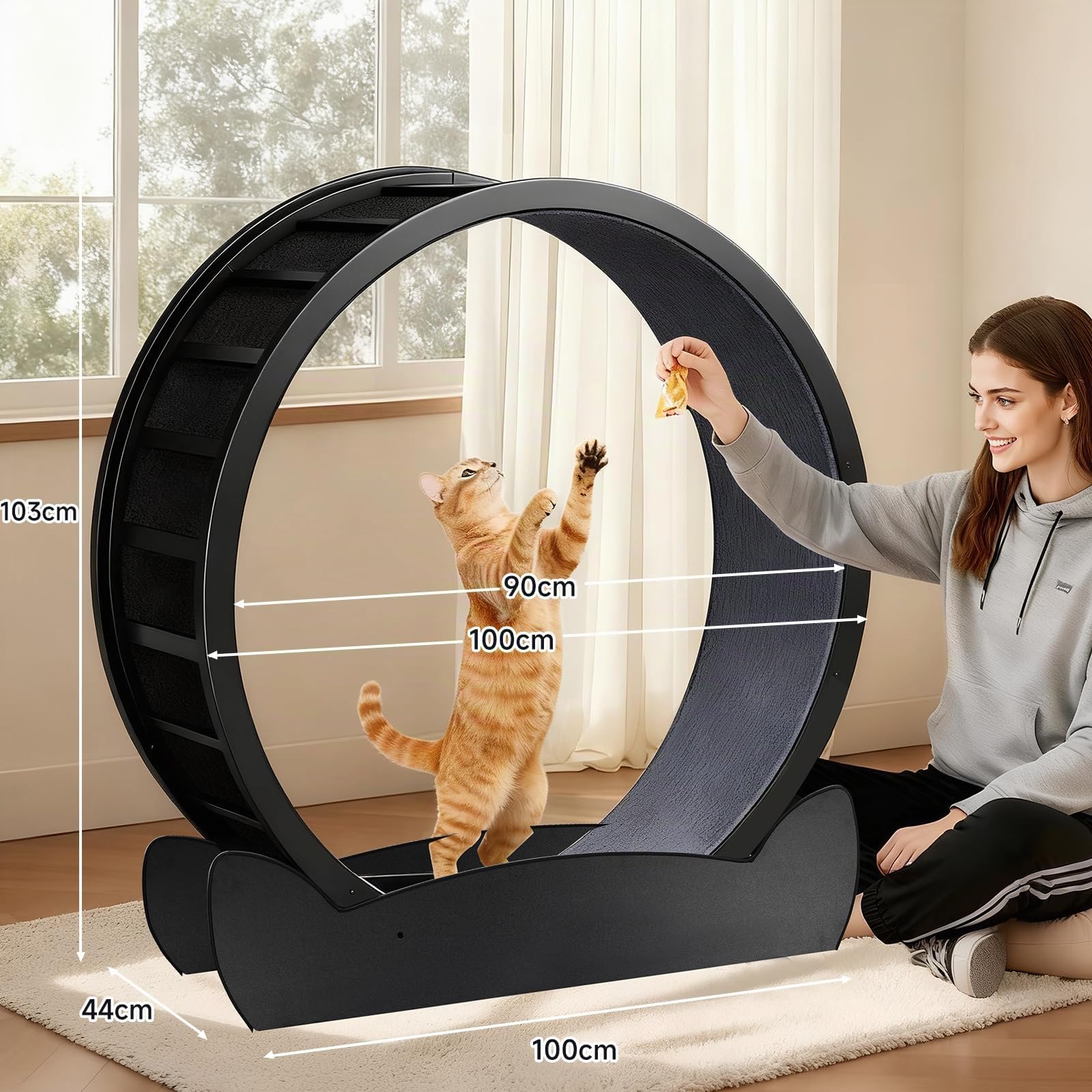 GTPLAYER Katzenlaufrad, laufrad Katze, Extra großer 100 cm, ultraleises Laufrad mit Abnehmbarer Teppich und Spielzeug, Aufkleber, Verriegelung, geeignet für die meisten Katzen, Metall, Schwarzen Ohren