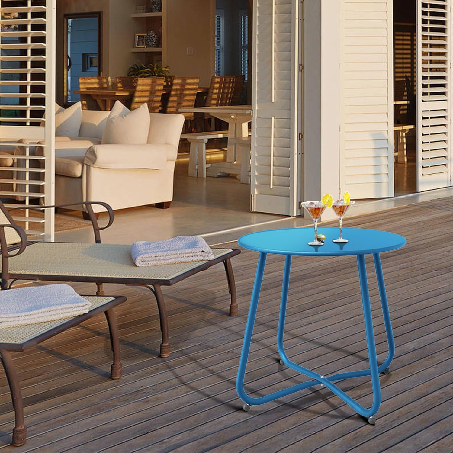 Patio Side Table, Round Metal Steel Weather Resistant Portable Patio Table， Outdoor and Indoor Patio Small Table for Garden Balcony Yard, Peacock Blue