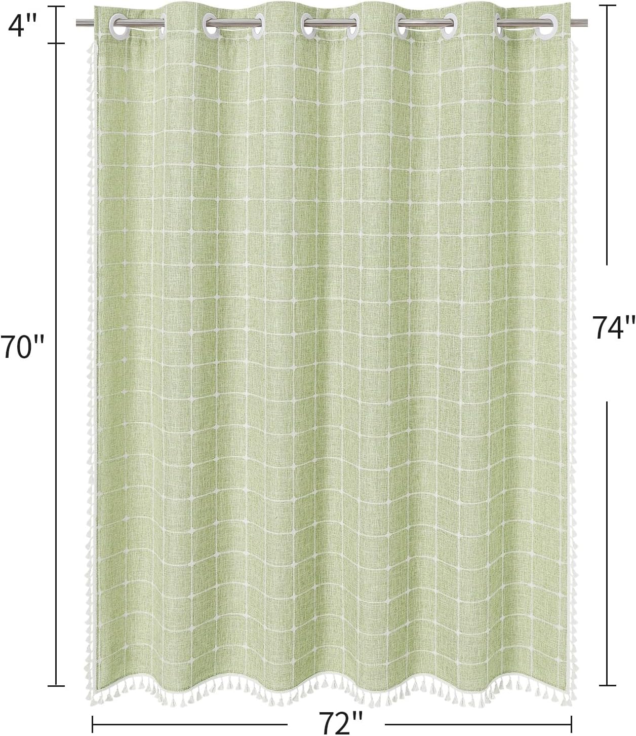 MitoVilla No Hooks Needed Boho Farmhouse Shower Curtain with Snap-in Liner, Cotton Linen Fabric Shower Curtains with Tassels for Rustic Neutral Bathroom Decor, Sage Green, 72 x 74