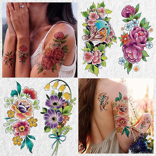 Miniatura 5 de Cerlaza 79 hojas de tatuajes de flores falsas para mujeres, 15 hojas de tatuajes temporales grandes de medio brazo de larga duración para mujeres,