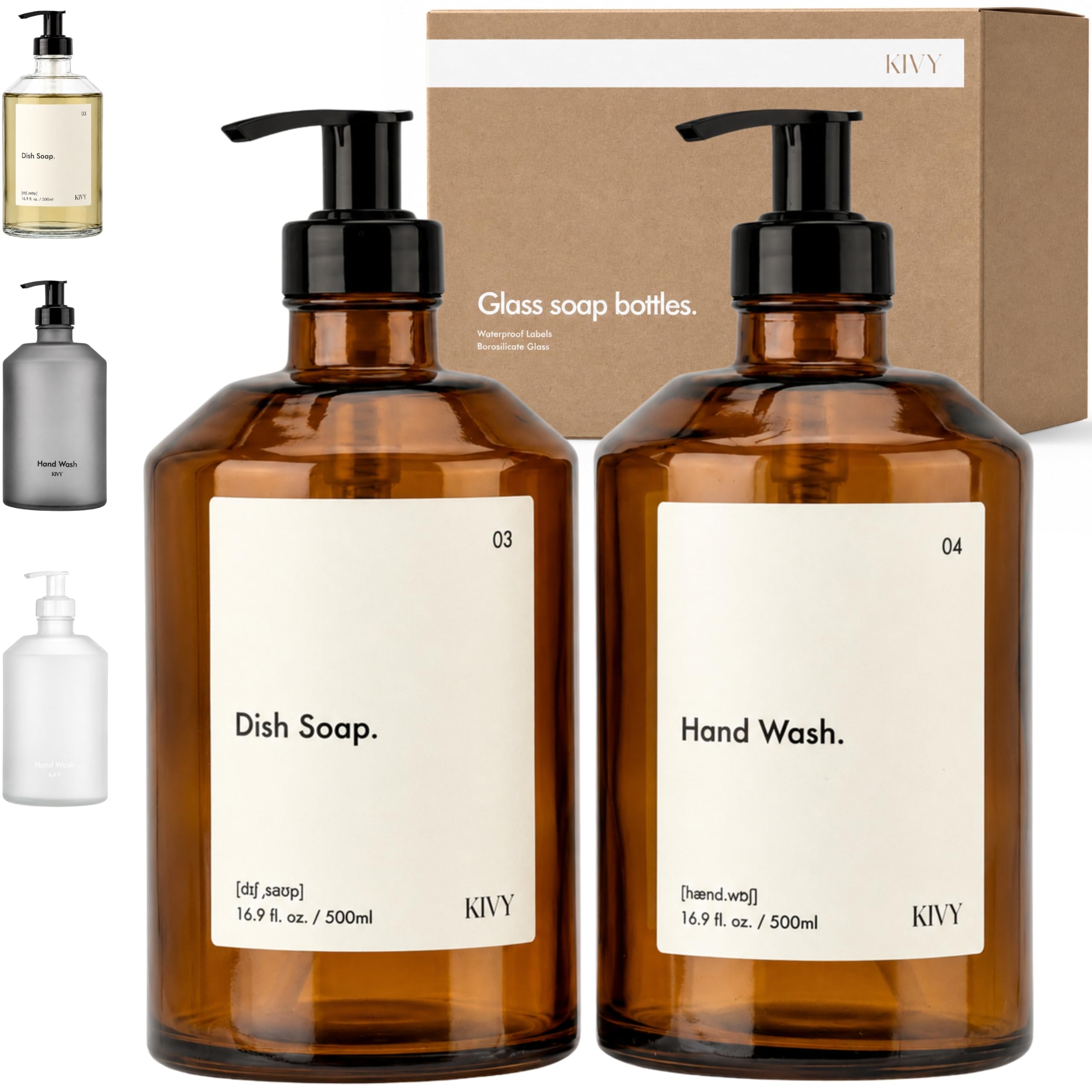 KIVY Glass Soap Dispenser Set [INCL. Waterproof Labels] - Brown Glass Soap Dispenser with Pump - Hand Soap and Dish Soap Set - for Kitchen, Shower & Bathroom (2X 16oz)