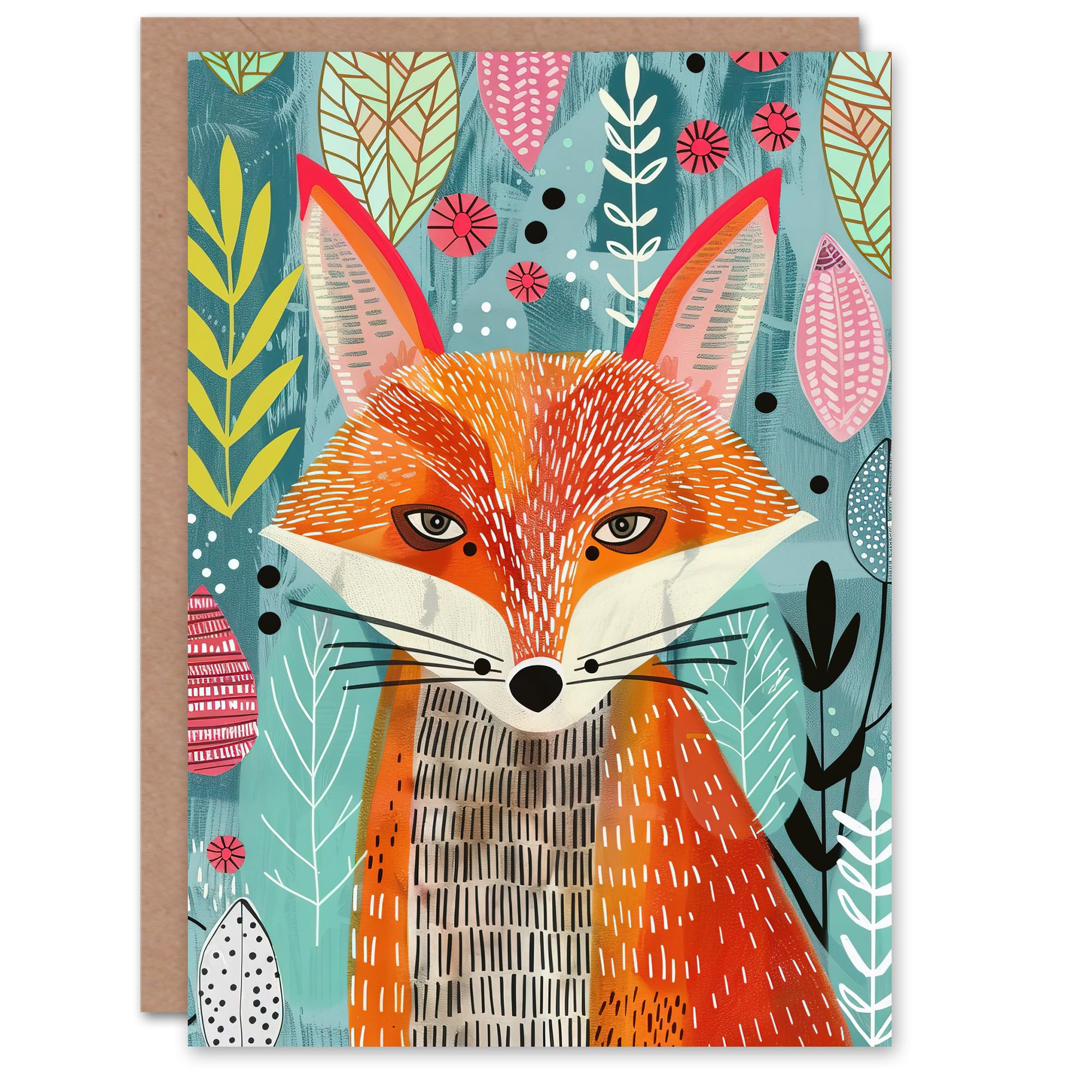 Artery8 Devious Fox in Garden Folk Art Pattern Design Greeting Birthday Card Him Her All Blank