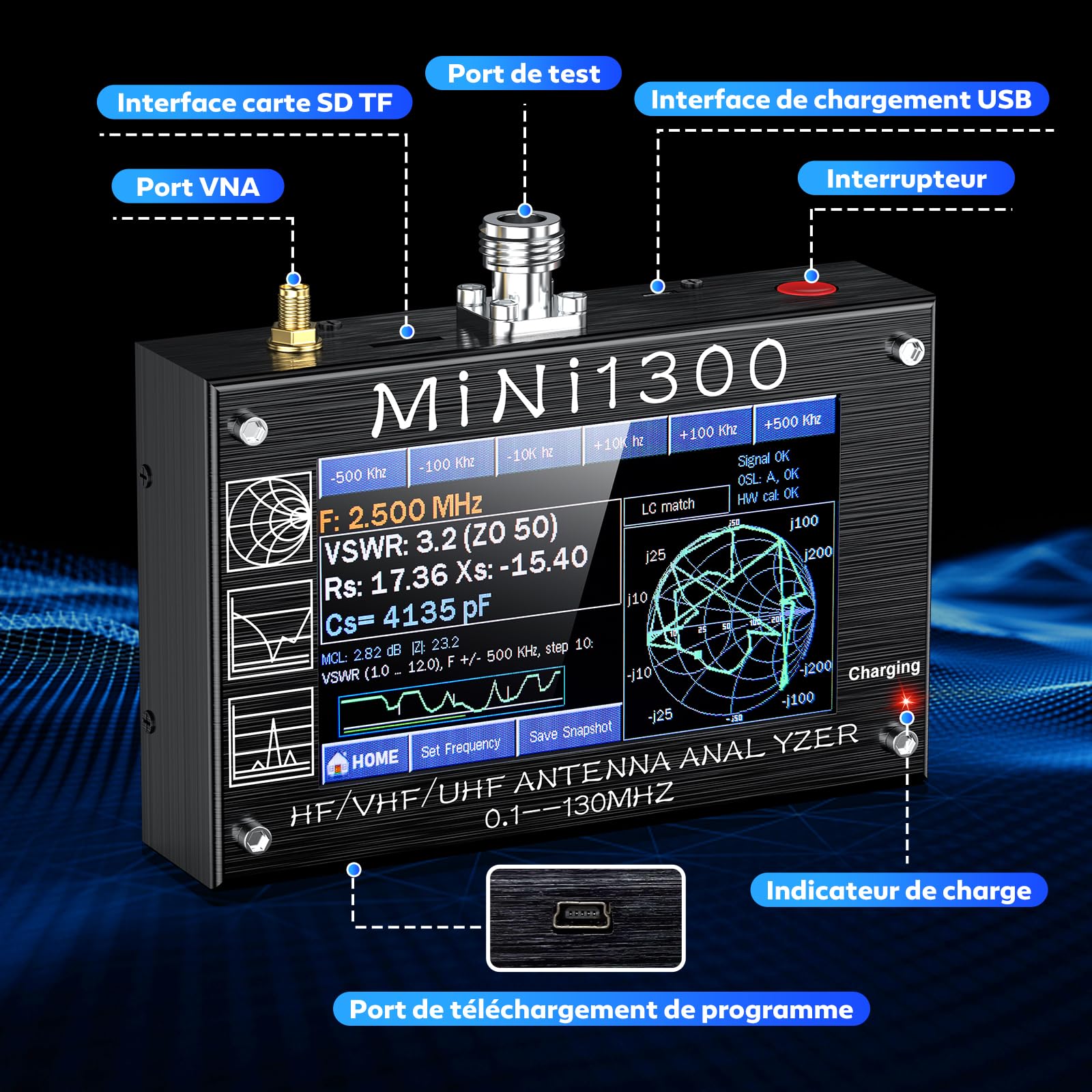 Seesii Mini 1300 Analyseur d'antenne, Analyseur de Réseau Vectoriel 2023 Mise à Niveau 4,3'' 0,1-1300MHz HF VHF UHF, Générateur de Signal avec Kits d'étalonnage SMA pour ANT/SWR/TDR/DSP RF