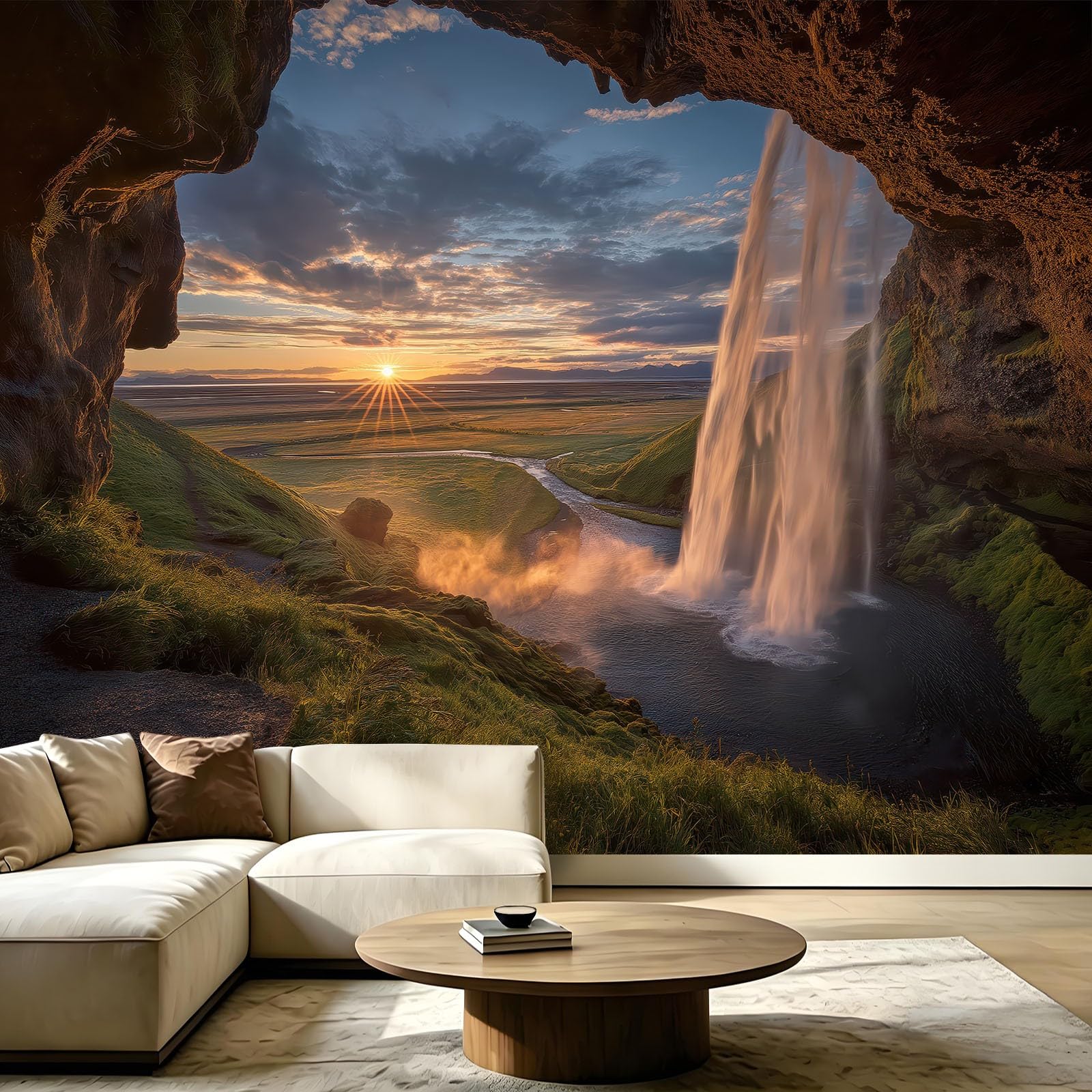 Seljalandsfoss - Carta da parati fotografica con foto di documentari e fotografie, carta da parati in tessuto non tessuto, per sfondo personalizzato, motivo: cascata, grotta di Seljalandsfoss