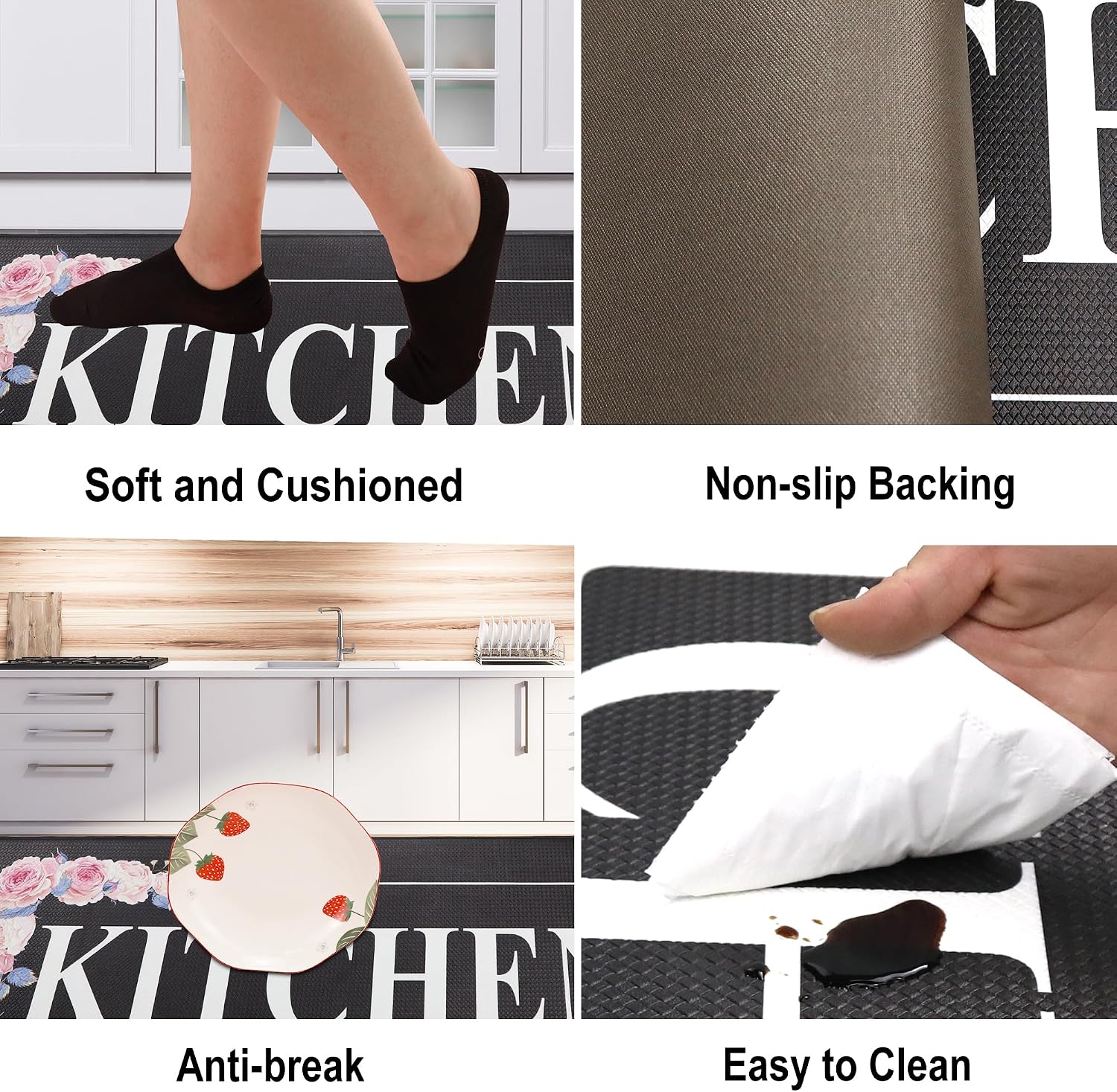 Black Floral Kitchen Mat Sets 2PCS Non Skid Waterproof Spring Summer Kitchen Mats for Floor 2 piece Spring Home Decor for Laundry, Office, Stove, 17.3"x30"+17.3"x47"