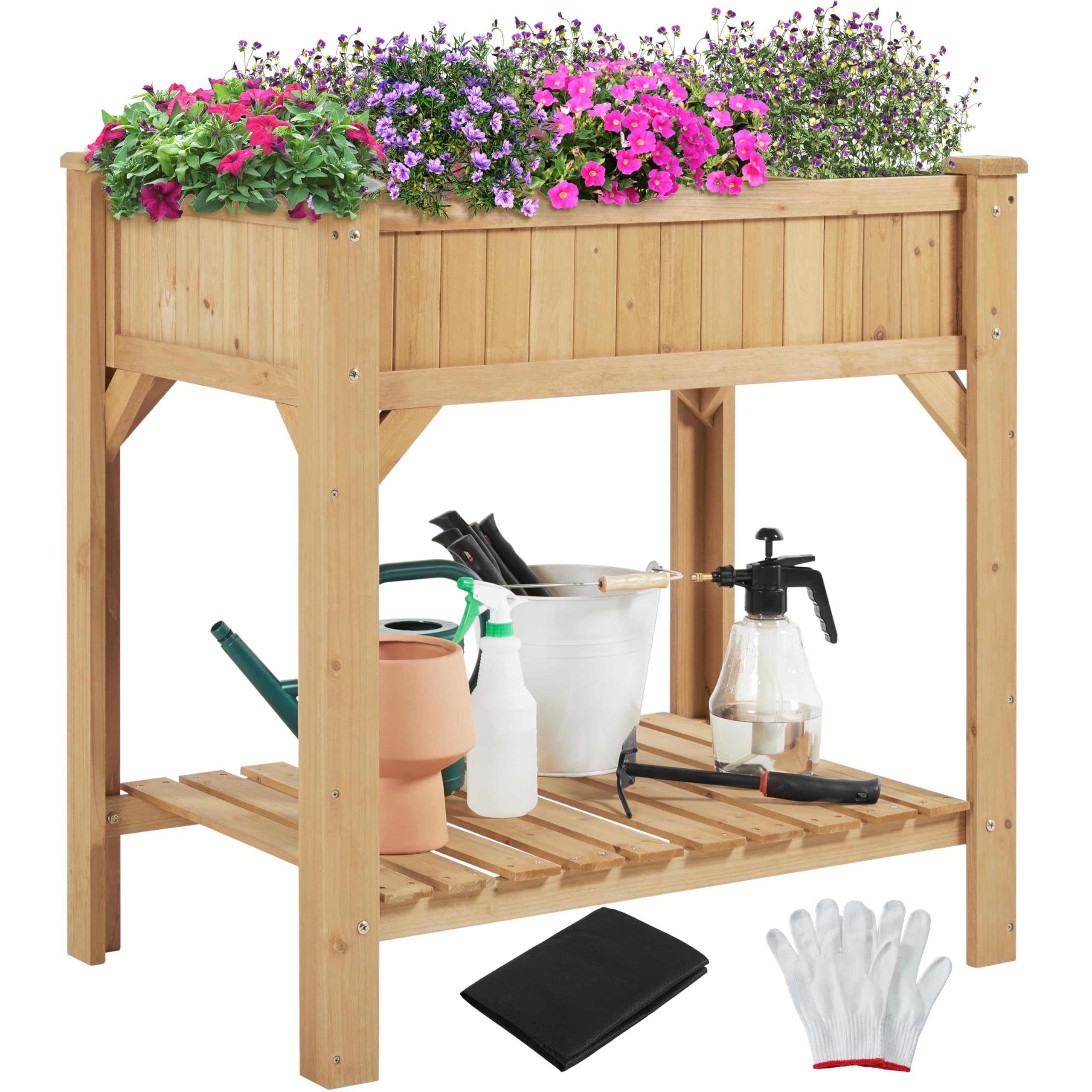 Yaheetech Huerto Urbano de Madera Abeto 91,5 x 62 x 92,5 cm Mesa de Cultivo con 8 Compartimentos con Guantes para Jardín Terraza Balcón Hogar Dos Niveles Marrón Claro