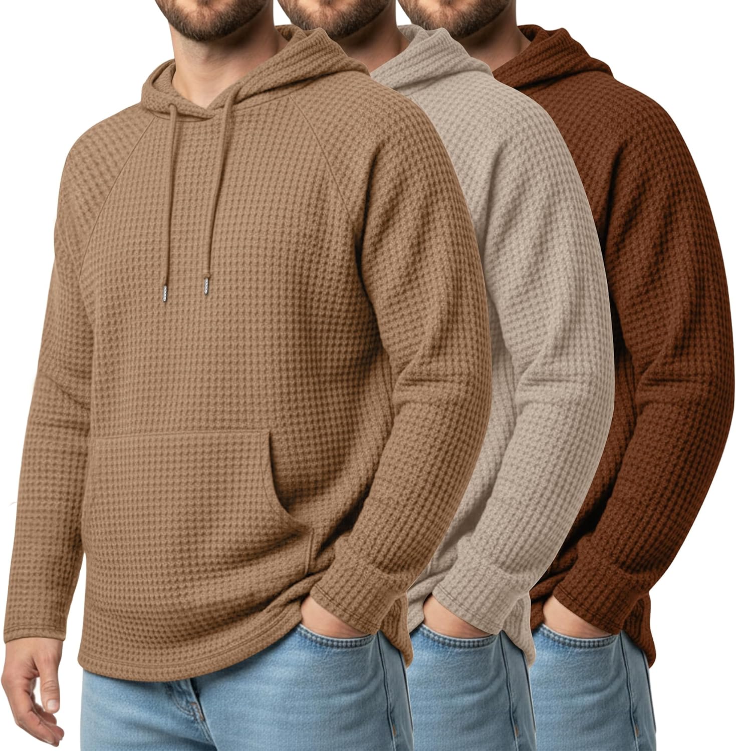 August Alley 3 Pack Men's Big and Tall Hoodies Long Sleeve Waffle Knit Sweatshirts with Pocket Casual Workout Pullover