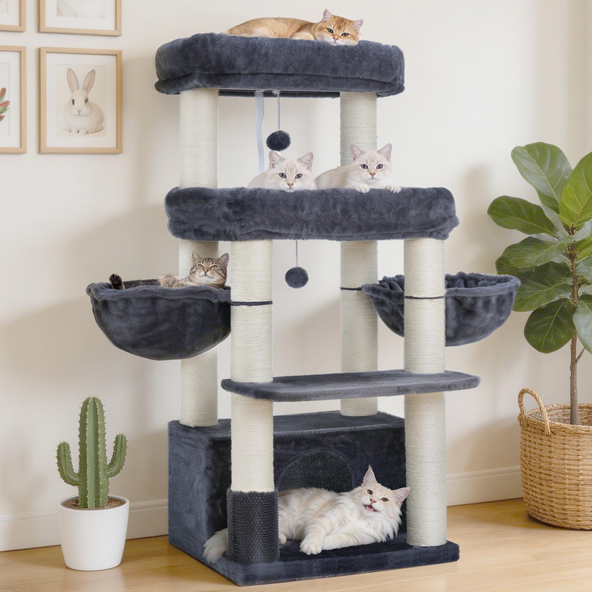 Hey-brother Kratzbaum, Stabil Katzenbaum für große Katzen und Maine Coons, mit 8 cm dicken Sisal-Kratzpfosten, Zwei Plattformen, Zwei Körben, großer Höhle und Fellpflegegerät