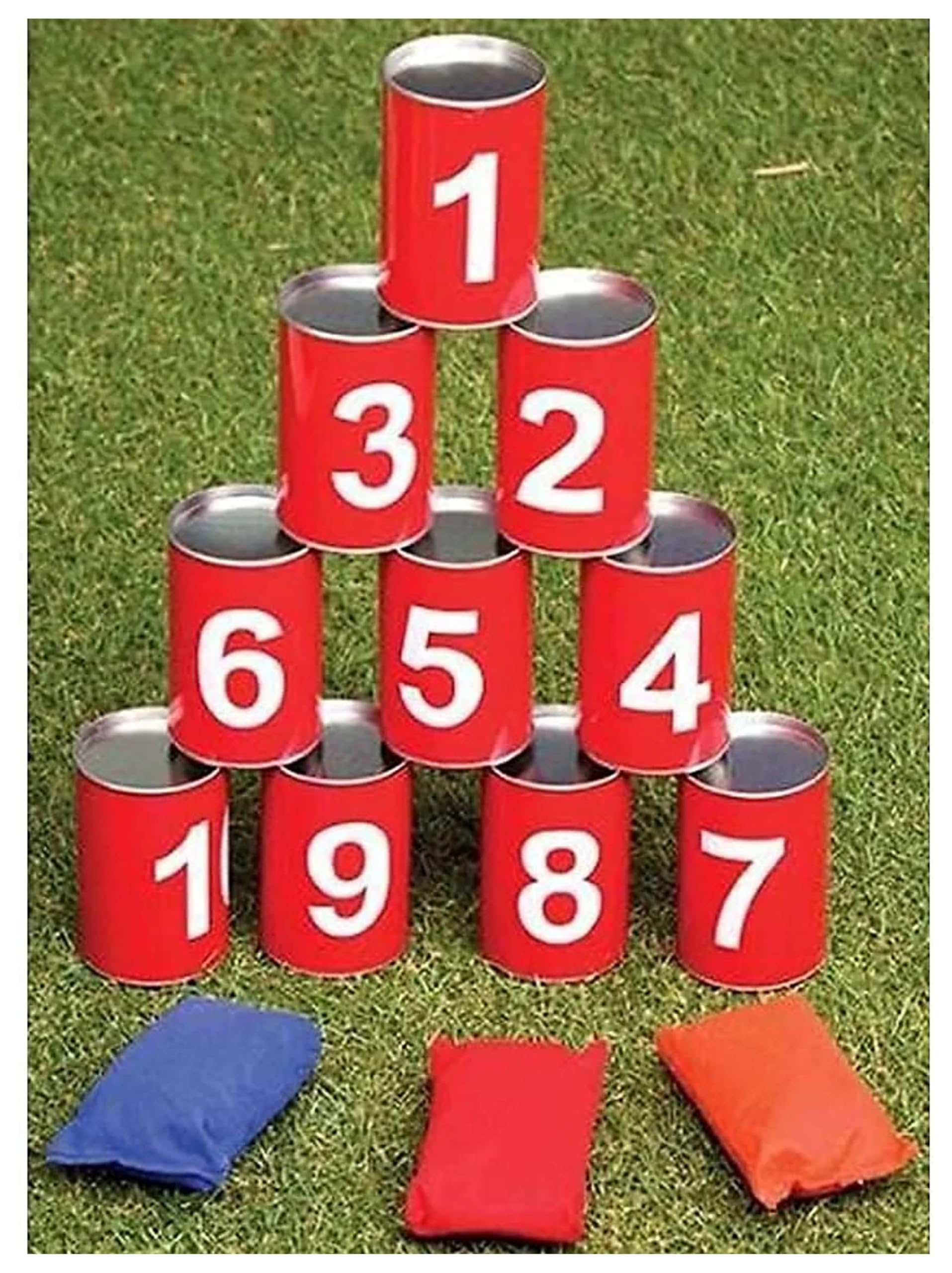 Hit The Can Garden Game, Indoor Outdoor Family Game Set, 10 Numbered Tins, 3 Bean Bags