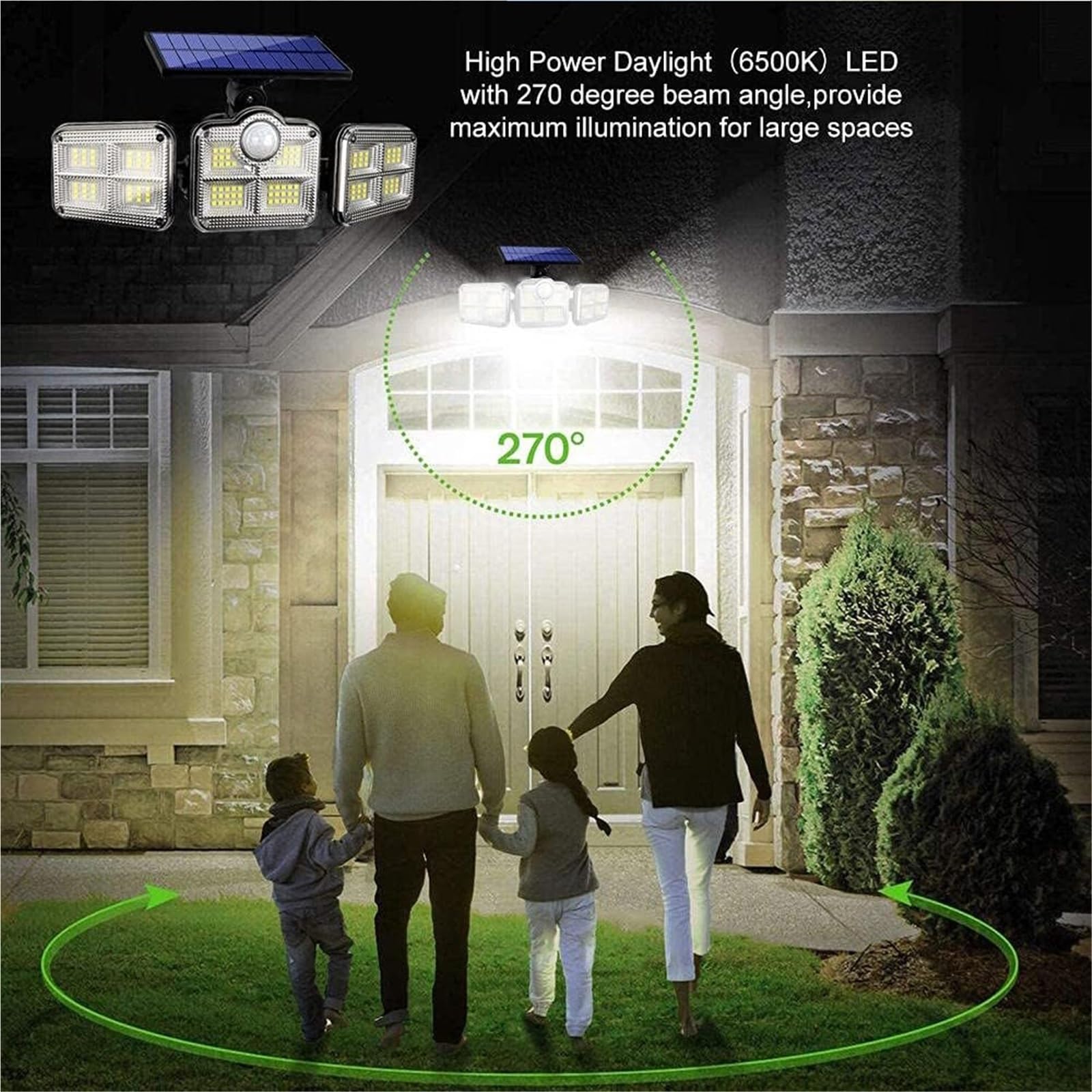 Lampa solarna zewnętrzna lampa zabezpieczająca przed powodzią z pilotem światła słonecznego, lampa ścienna, wodoodporne reflektory, czujnik ruchu, 3 głowice światła uliczne (separacja 138 LED)