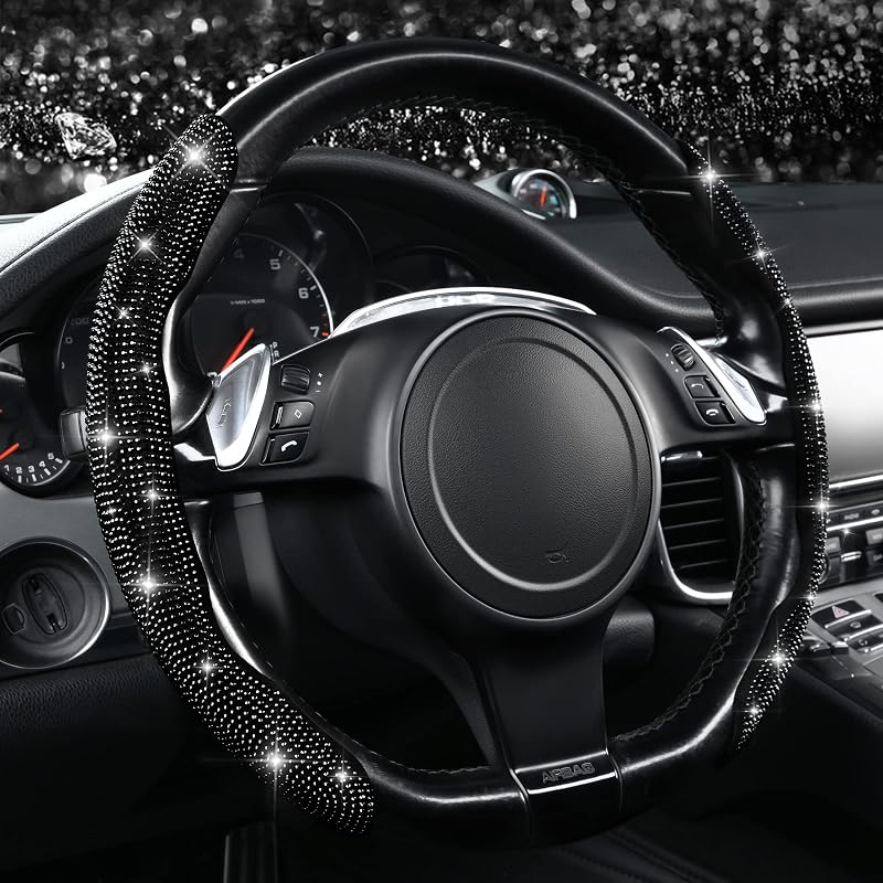 Capa para Volante CAR PASS com Strass de Cristal, Material ABS, Encaixe para Volantes D-Shape e O-Shape de 35 a 40 cm, Black Diamond, Kit com 2 peças