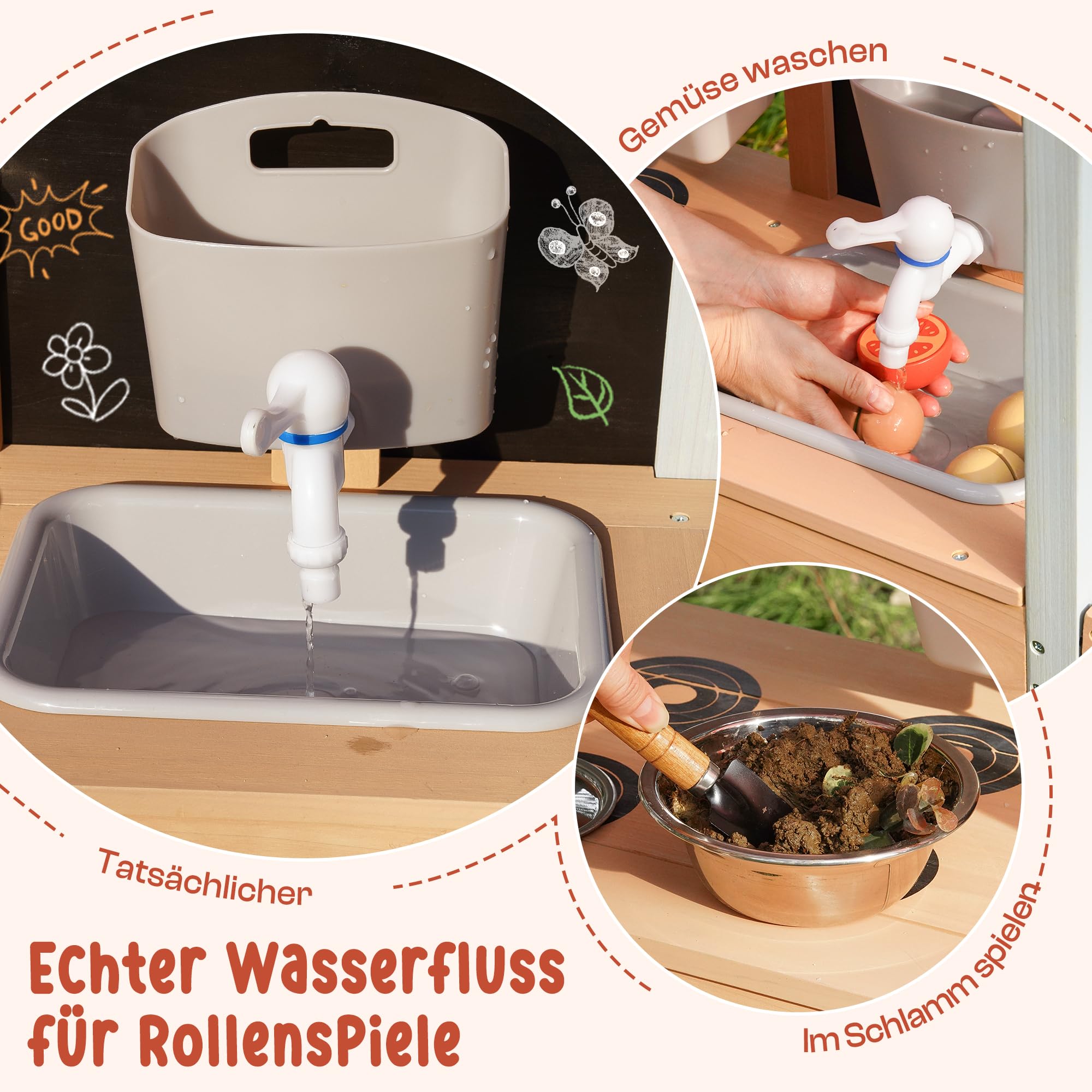ROBUD Matschküche Outdoor Holz mit Sonnendach, Spielküche Kinder Matschküche im Freien mit Pflanzkasten, Herd, Funktionierendem Wassertank, Wasserhahn & Spüle, Tafel, Spielküche Kinder ab 3 Jahren