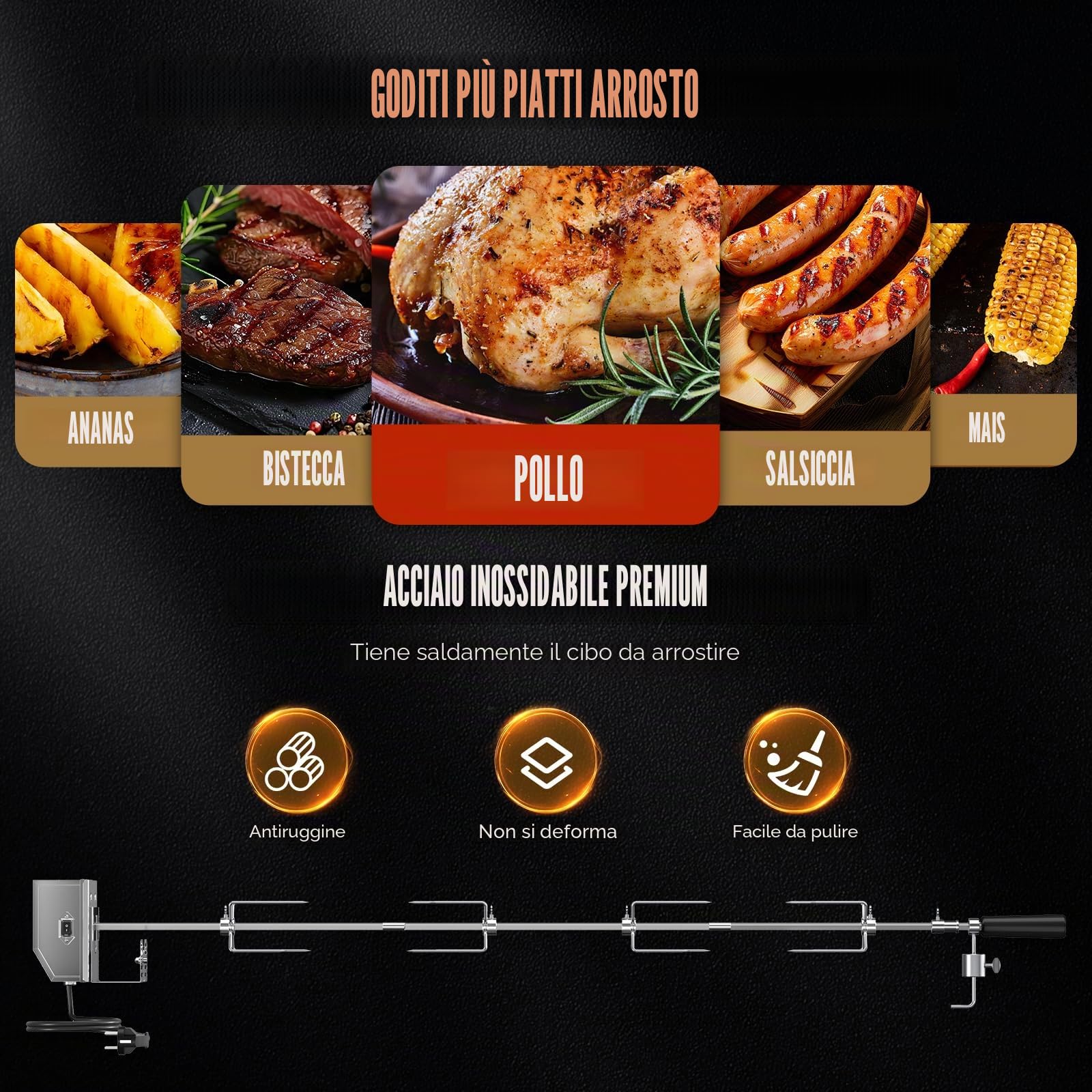 Universale girarrosto per Barbecue Lunghezza Regolabile 56-134 cm 3RPM 2X forchetta Girarrosto per Barbecue girarrosto Elettrico