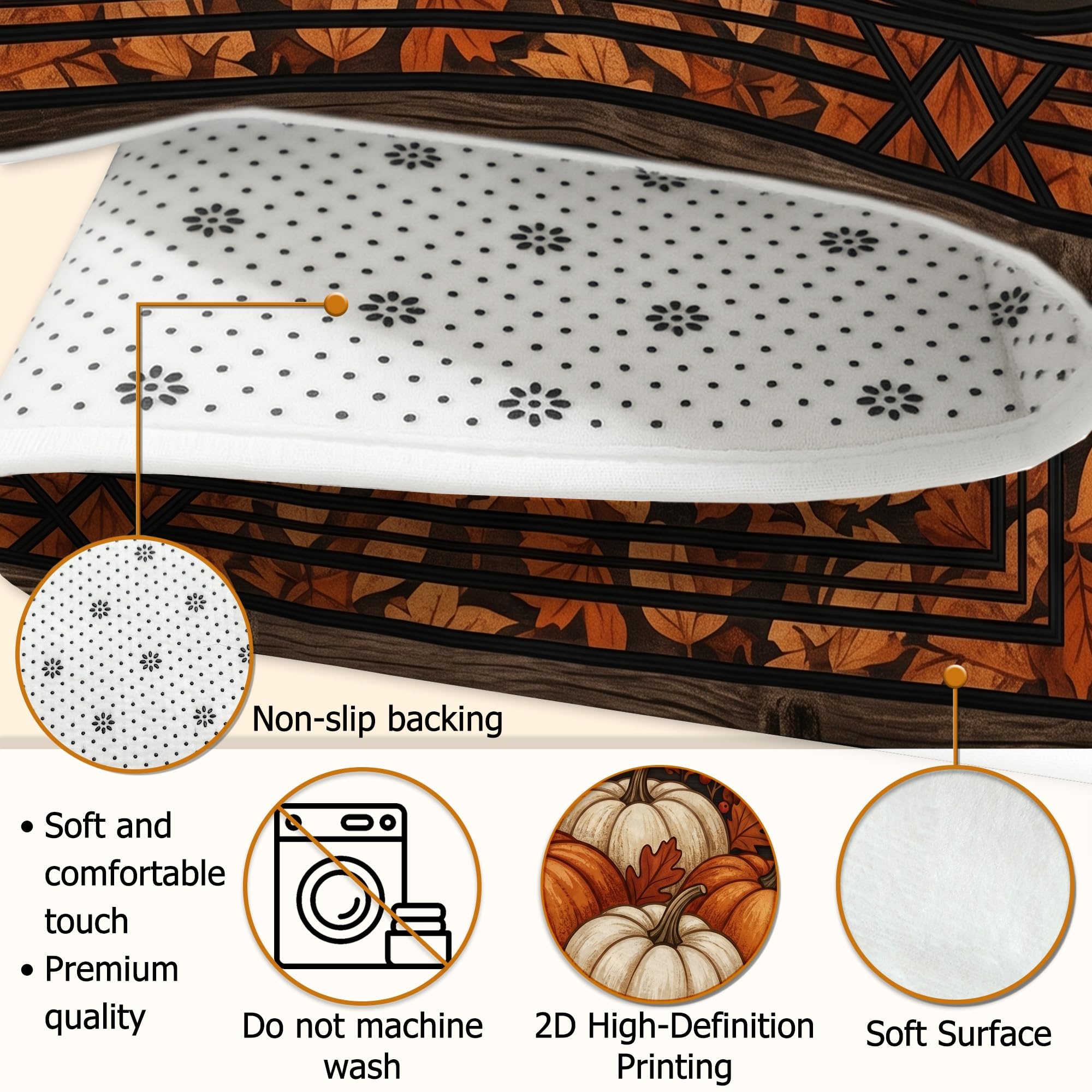 Alfombra rústica tradicional con diseño de calabazas, hojas, pájaros, otoño, naranja, antideslizante, suave, rectangular, resistente a las manchas, para sala de estar, dormitorio, aula, decoración de