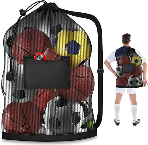 Bolsa de malla extra grande, bolsa de almacenamiento con cordón resistente, 24 x 36 pulgadas, capacidad para 8-10 unidades, para fútbol, baloncesto,