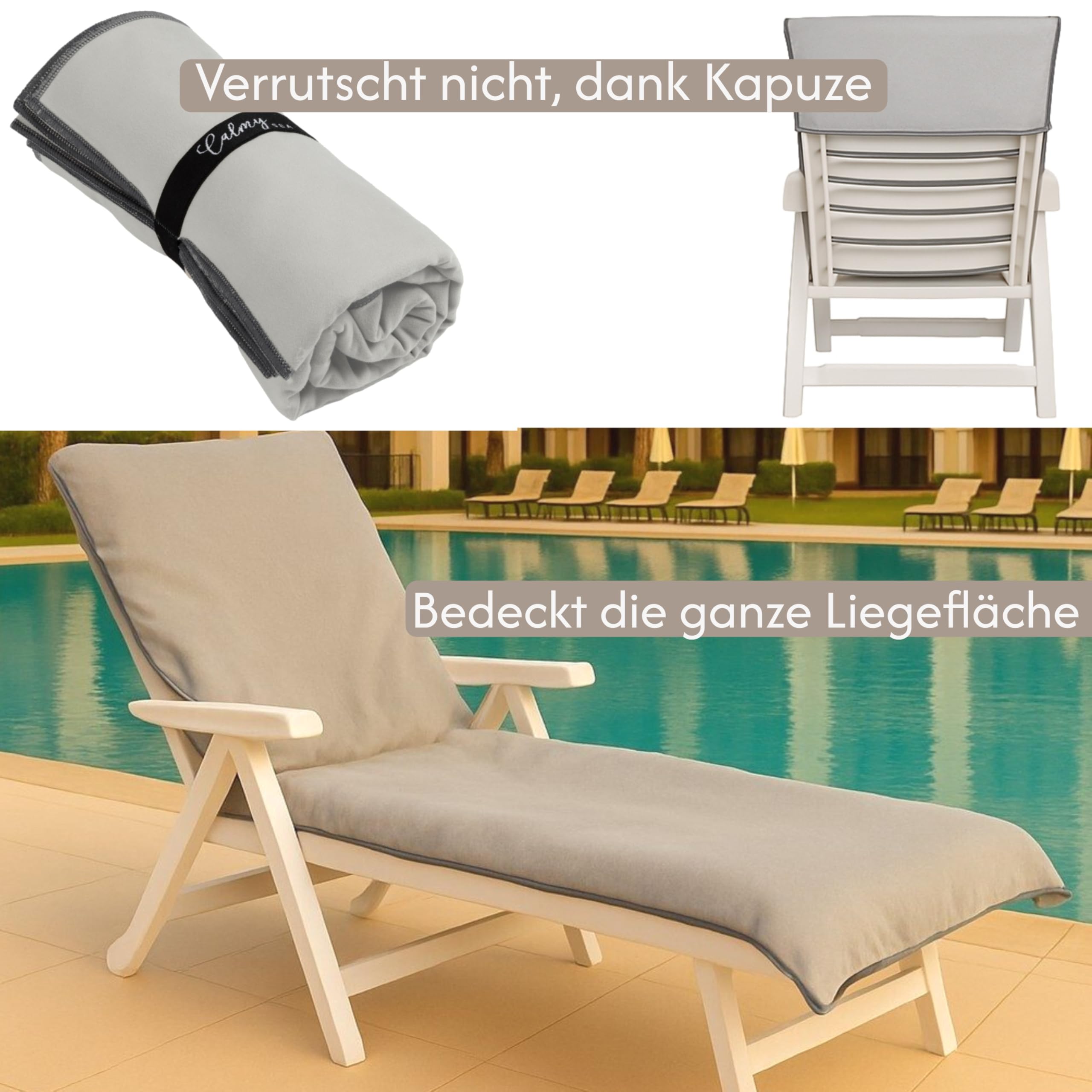 2X Handtuch für Sonnenliege - 200x75cm mit Kapuze Microfaser Light Weight Schonbezug für Gartenliege Handtücher mit Umschlag Liegestuhl Bezug Strandliege (Hellgrau, 2 Stück)