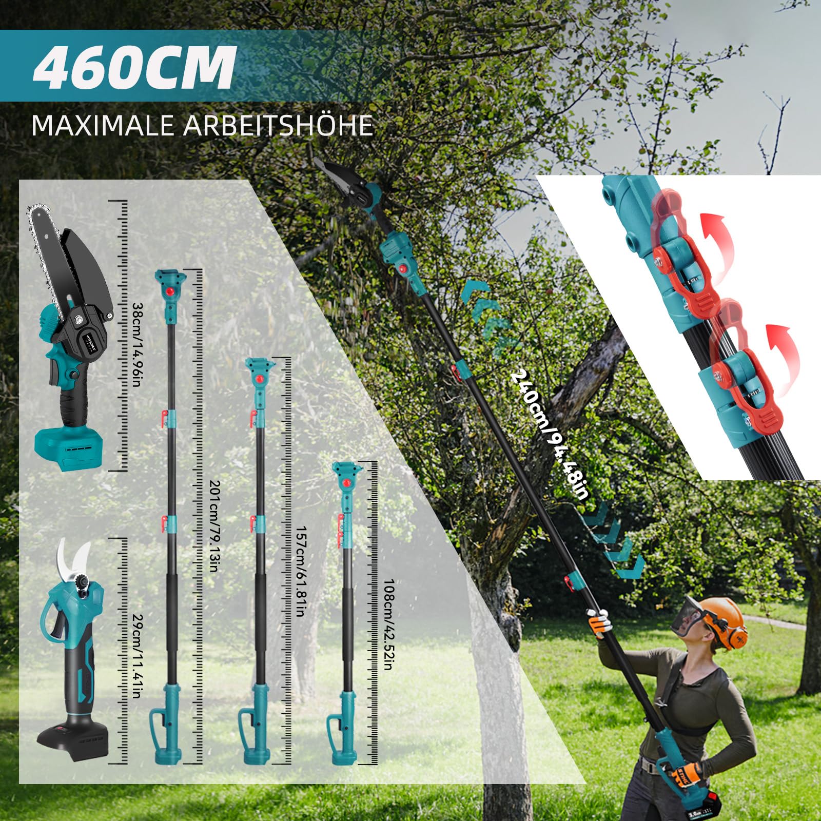 Yofidra 4-IN-1 Mini Kettensäge 6 Zoll mit Teleskopstange & Bürstenlos 25mm Astschere, 180° Einstellbarer Winkel, Akku Hochentaster mit 2 x 3.0Ah Akku und ladegerät, Max. Reichweite bis 4,6m, blau