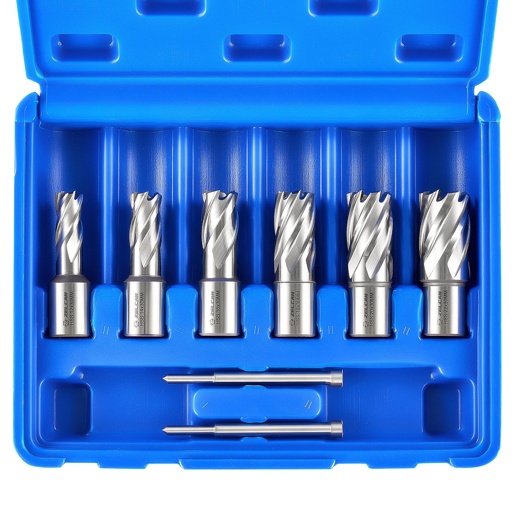 ZELCAN Zestaw wierteł rdzeniowych HSS z trzonkiem Weldon (3/4"), głębokość cięcia 30 mm, zawiera 6 wierteł rdzeniowych 12, 14, 16, 18, 20, 22 mm i 2 trzpienie wyrzutnika, 8-częściowy