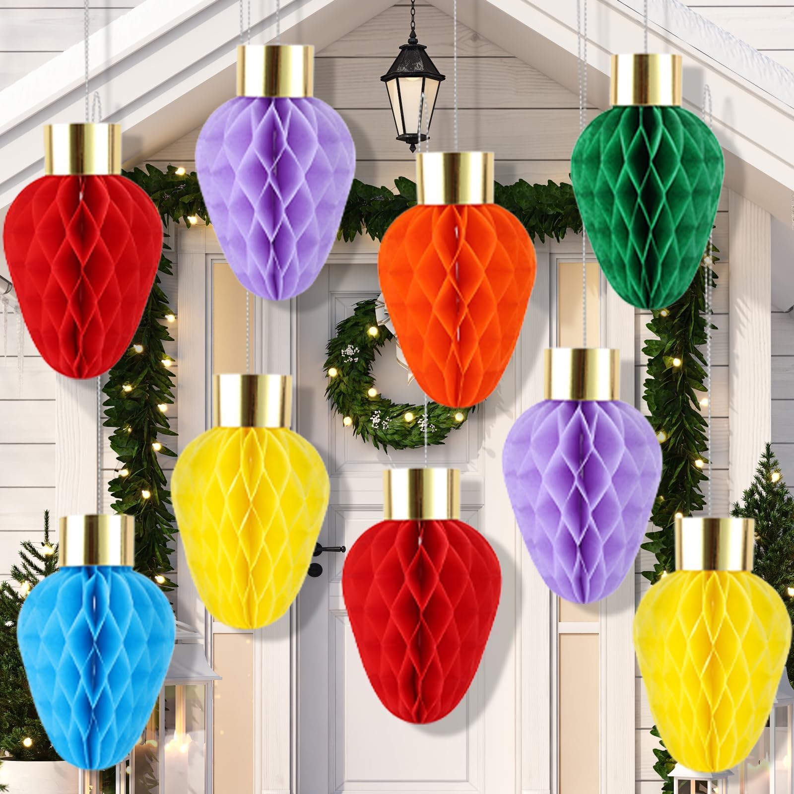 12 Pcs Honeycomb Light Bulb Shaped Decoration Hanging Rainbow 3D Bulb Tissue Paper Multi-Color Pom Poms Ball Ornament for Birthday Wedding Home Ceiling Decor