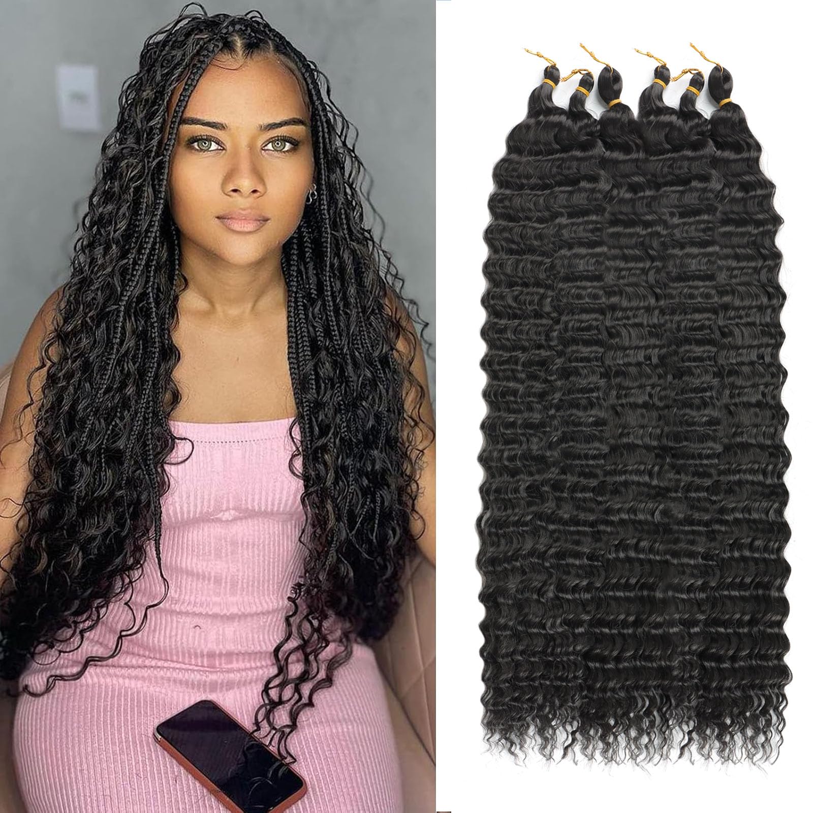 Ocean Wave Crochet Hair 30 inch Deep Wave Curly Crochet Hair 6 Packs Deep Curly Braiding Hair Extensions Long Braids Deep wave Synthetic hair for Black Women