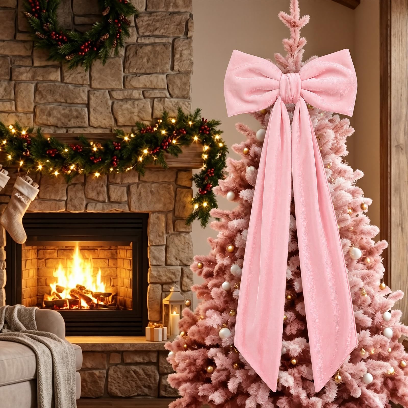 Gejoy Nœuds géants en velours rose extra larges pour cime de sapin de Noël – Décorations géantes pour maison, couronne, mur, toile de fond, mariage, vacances, décoration de fête – 119,4 x 40,6 cm