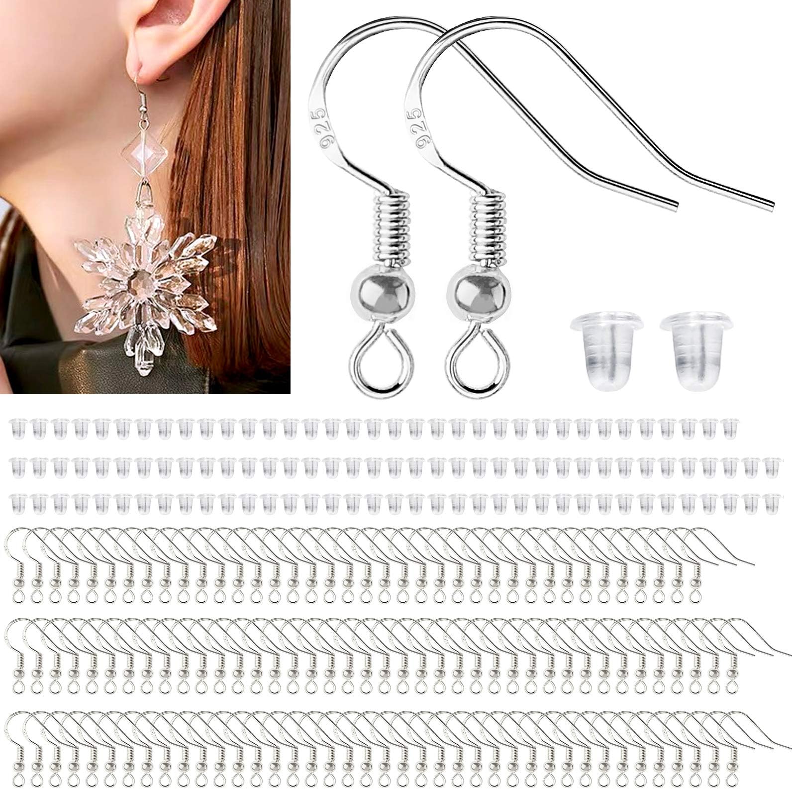 120Pcs 925 Sterling Silver Earring Hooks - Hypoallergenic Ear Wire with 120Pcs Backs - Jewelry Making Supplies for DIY Earrings