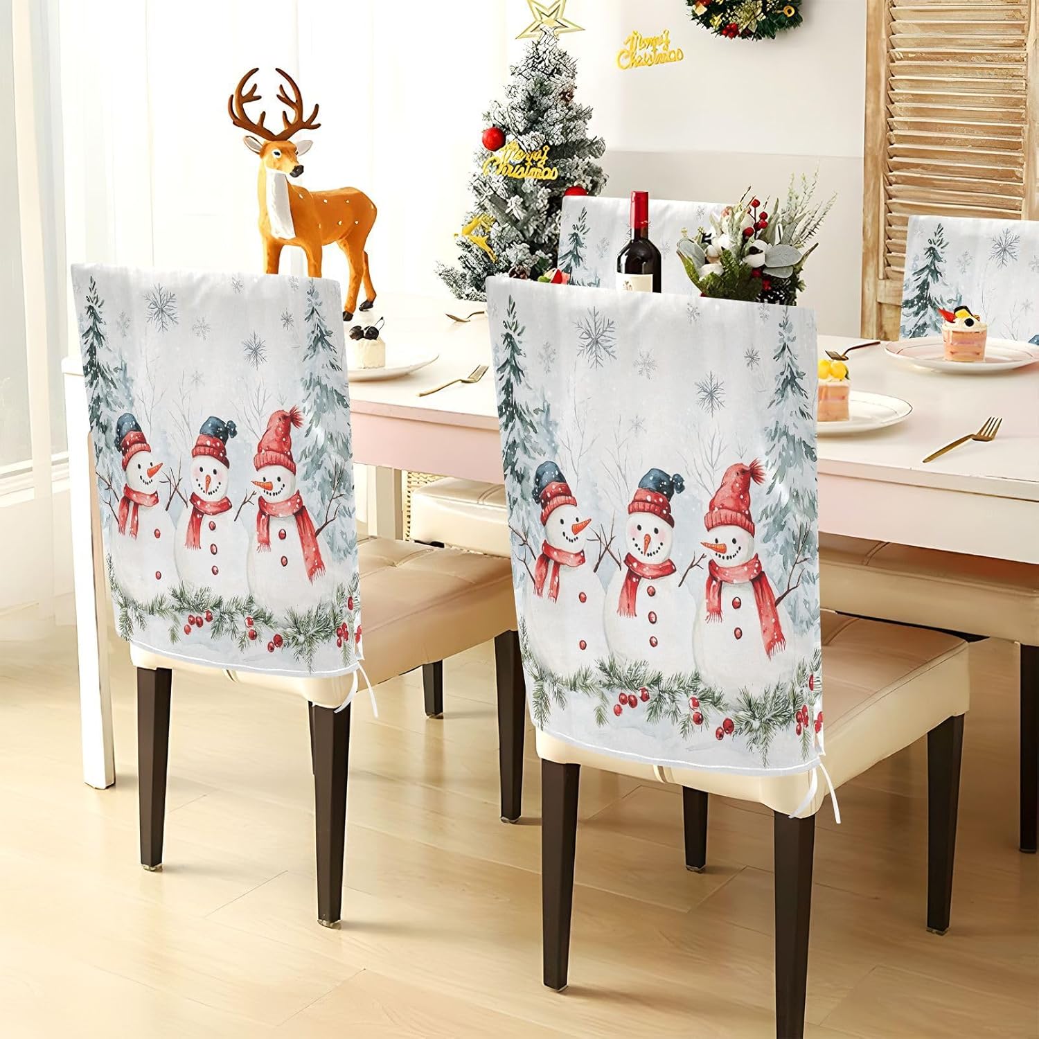 MNSRUU Christmas Chair Back Cover for Dining Room,Snowman Chair Slipcovers Set of 6, Snowman Chair Cover for Kitchen Hotel Holiday Party Decor,601