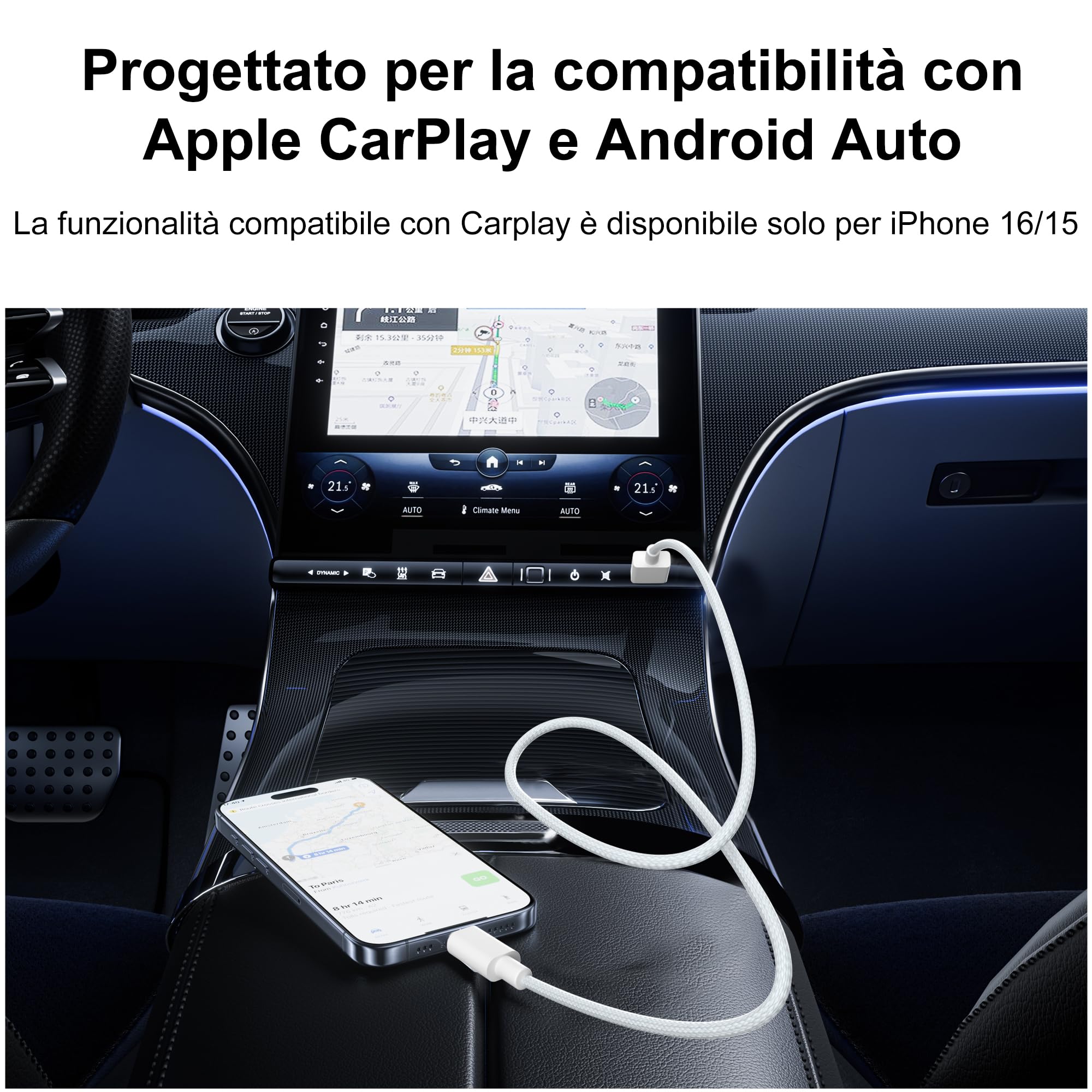 Cavo di ricarica USB C,cavo da 1m per Carplay,cavo da USB C a USB per iPhone 16,16 Pro Max,16 Plus,15/15 Pro Max/15 Plus,iPad Pro 12.9/11,iPad 10,iPad Air 5,cavo di ricarica per auto,cavo dati