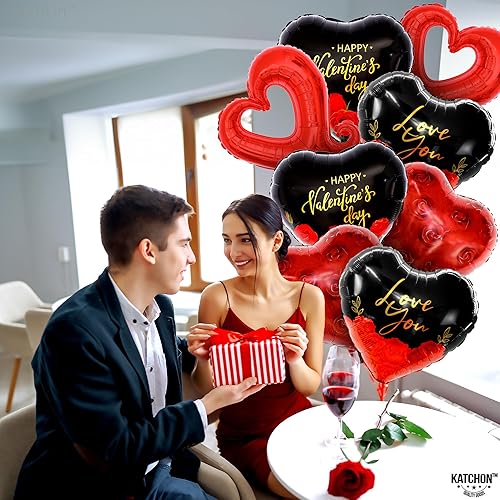 Miniatura 8 de KatchOn, Globos en forma de corazón negro y rojo  XL, paquete de 1012  Pétalos de rosa roja para noches románticas, decoraciones románticas para