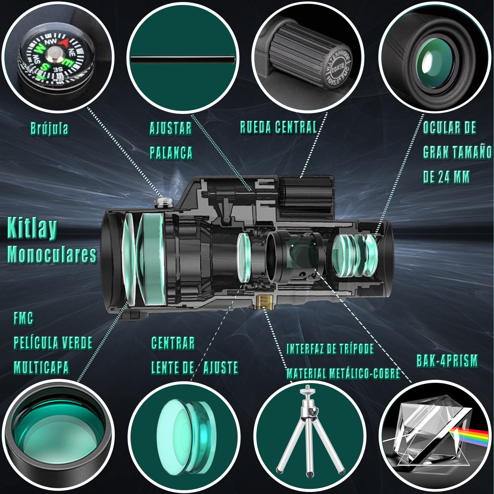 Telescopio Monocular 20x50 HD Impermeable Monoculo Profesionales de Alta Potencia con BAK4 Prism, Soporte para Teléfono y Trípode Giratorio para Observación de Aves y Caza Camping Concierto