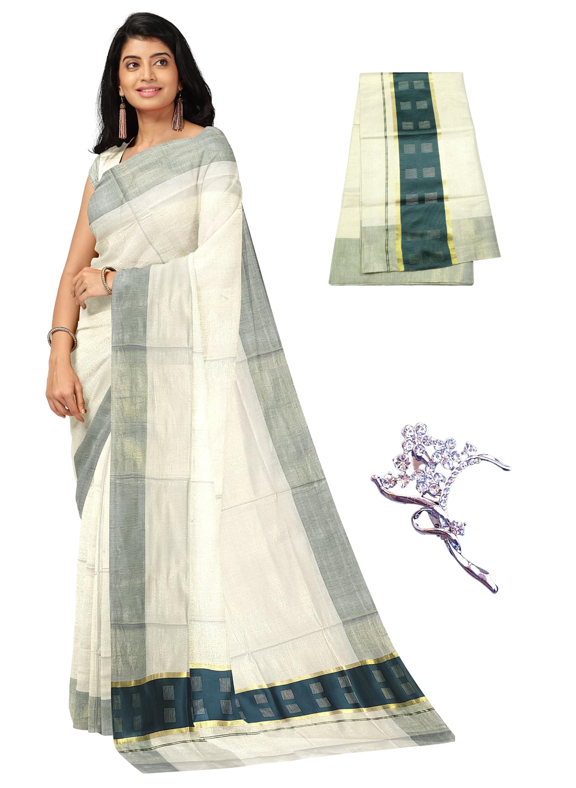 Women's Kerala Onam White Kasavu Cotton Saree With Satin Pallu-with Blouse-picture-47