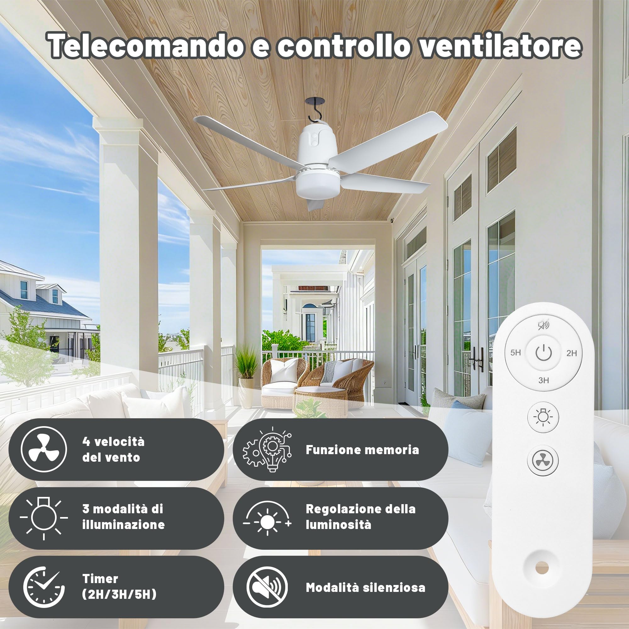Ventilatore Da Soffitto Con Illuminazione Per Esterni, 40000MAh Batteria, Grande Ventilatore Da Soffitto Portatile Con Luce, 3000K-6000K Dimmerabile, Telecomando Per Esterni, Campeggio, Gazebo (80CM)