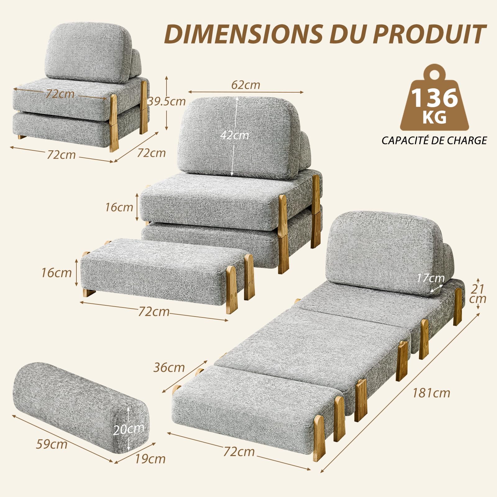 Hellove Sofá Cama Convertible con función de Cama, Sillón Cama Plegable 3 en 1 con Respaldo y reposapiés para Dormitorio, salón, apartamento pequeño, Oficina, 72 x 181 cm Futon Sofa Cama, Gris